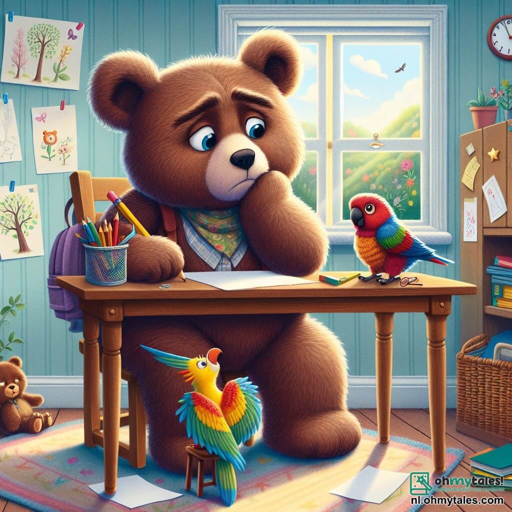 Bram, een teddybeer met grote oren en een zachte bruine vacht, zit aan zijn houten bureau, diep in gedachten en een beetje gefrustreerd, met een potlood in een poot en verspreide vellen papier om zich heen. Naast hem zit Pipo, een kleine papegaai met felgekleurde veren, op de rand van het bureau, met sprankelende ogen van opwinding, en gebaart met zijn vleugels alsof hij Bram aanmoedigt om op te staan en op avontuur te gaan. De kamer is charmant ingericht, met muren versierd met tekeningen van bomen en bloemen, een zachte tapijt op de vloer en een open raam dat zonlicht en het gezang van vogels binnenlaat. De belangrijkste situatie toont Bram en Pipo klaar om de kamer te verlaten en de buitenwereld te verkennen, met een vastberaden uitdrukking op Bram's gezicht, terwijl Pipo ongeduldig lijkt te zijn om te ontdekken wat hen buiten het raam te wachten staat.
