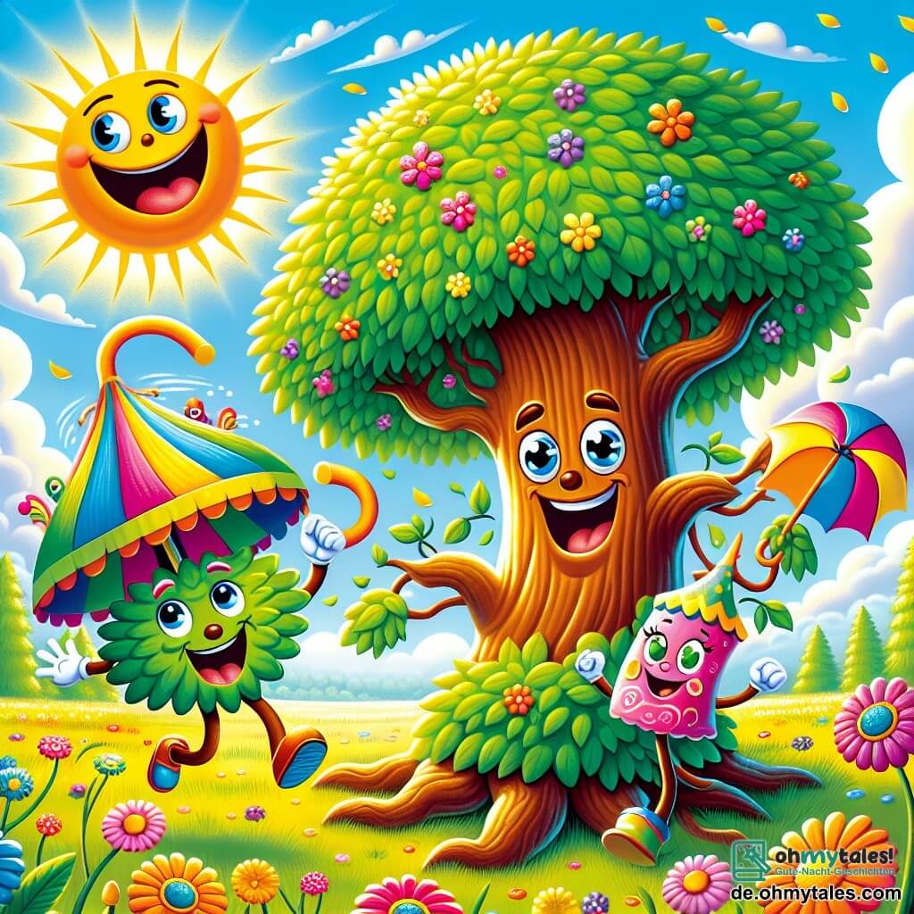 Ein großer Baum mit dichten Ästen und leuchtend grünen Blättern, der Arme und Beine hat, tanzt fröhlich auf einer weiten sonnigen Wiese. Sein Gesicht ist lächelnd und seine Augen funkeln vor Aufregung. Neben ihm hüpft ein buntes Hut namens Hüpf mit einem schelmischen und fröhlichen Ausdruck. Ein Stück weiter öffnet sich ein großer, lustiger Regenschirm namens Schirmli mit bunten Mustern und einem breiten Lächeln, bereit, zur Feier zu stoßen. Die Wiese ist mit strahlenden Blumen und hohem Gras übersät, das im Wind weht, unter einem hellblauen Himmel mit flauschigen Wolken. Im Mittelpunkt der Szene bereitet sich eine riesige, farbenfrohe Torte mit runden Augen und einem breiten Lächeln darauf vor, davonzulaufen, während die drei Freunde lachen und hinter ihr herlaufen, was eine Atmosphäre von Freude und spielerischem Abenteuer schafft.