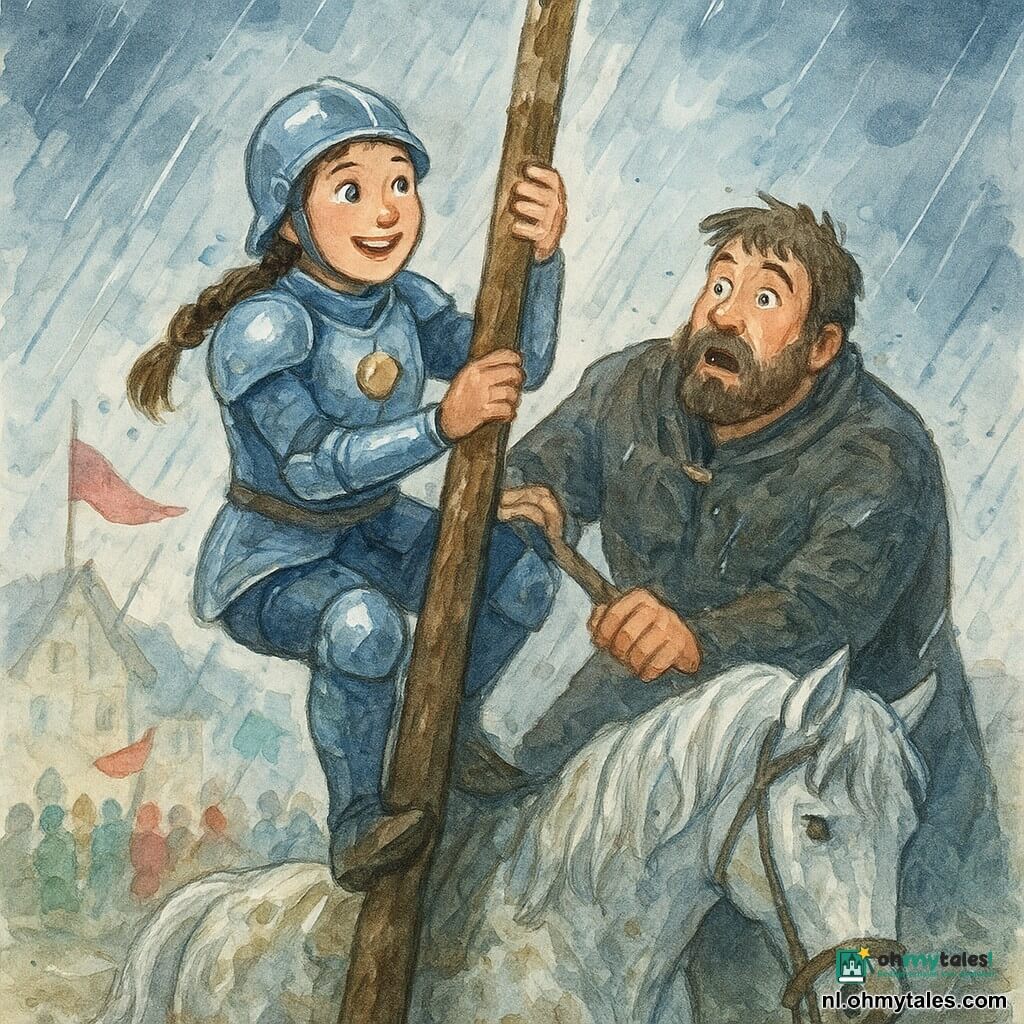 Ruiter Elin, vrouw 20–25 jaar, rond glimlachend gezicht ondanks de regen, glanzende bruine vlechten onder een licht helm, zilverblauwe harnas, klimt op een modderige houten paal, met de ene hand aan het touw en de andere een lans waarvan de punt door de ring gaat; Sir Bram, man 30–35 jaar, groot en robuust met baard en doorweekte mantel, houdt zich half hangend aan het touw terwijl Elin hem helpt, net boven en iets rechts van haar; Maanlicht, een zilverwitte hengst met golvende manen, poten in de modder aan de voet van de paal links op de voorgrond, hoofd gebogen van inspanning; op de achtergrond het dorp en een menigte onder rode en groene banieren, doorweekte lampionnen, regen als diagonale strepen en plassen die licht weerspiegelen; hoofdscène: intense klim tijdens een storm, wind in de vlaggen, druppels en aquarelspatten, het moment waarop de lans de hoge ring raakt, gezichten van verwondering en opluchting, contrasterende kleuren (grijsblauw van de regen, goud van de medaillon, zilver van het harnas).