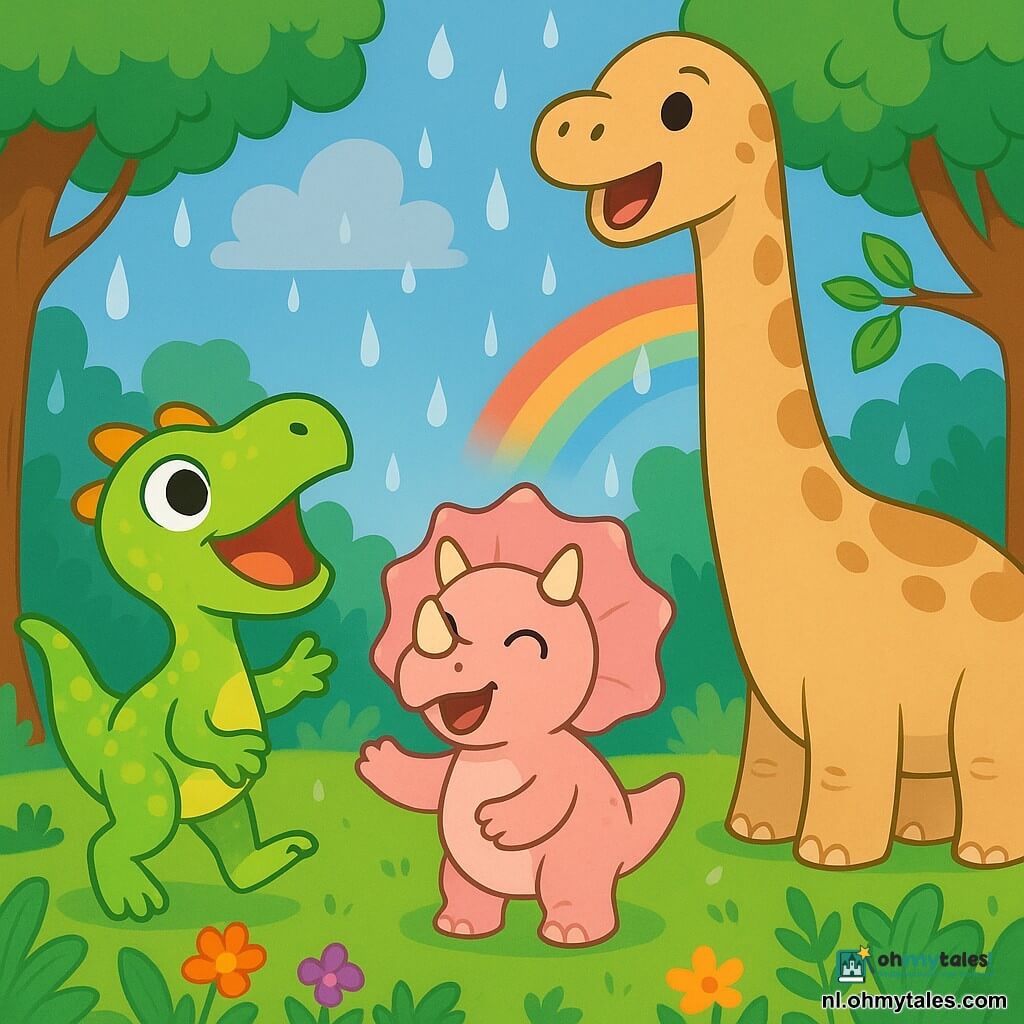 Een vrolijke kleine velociraptor Rolo met lichtgroene schubben en gele vlekken, grote glanzende ogen en een oranje kam, springt en heft een poot alsof hij zingt; links daarvan de zachte roze triceratops Trixie met drie korte hoorns die meetrommelt, en op de achtergrond de lange beige-bruin gevlekte brachiosaurus Bram die zich buigt om mee te zingen en een hoge tak aan te raken, in een weelderige bosopen plek met glanzend groen gras, varens en bloemen terwijl een lichte regen begint te vallen en een flauwe regenboog verschijnt — warme, vrolijke en magische sfeer, simpele ronde vormen, felle contrasterende kleuren, nette contouren en vriendelijke, overdreven uitdrukkingen voor peuters.