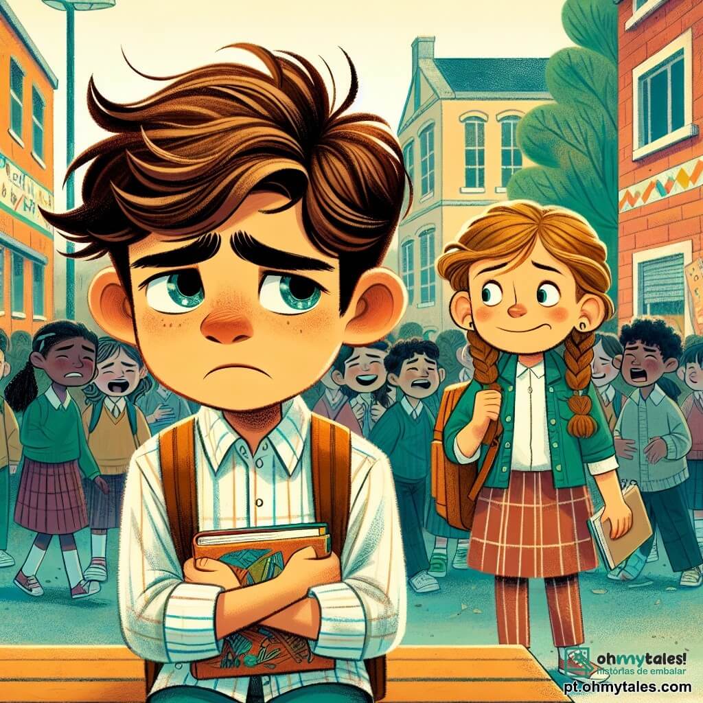 Um garoto de 12 anos, Lucas, com cabelos castanhos bagunçados e olhos brilhantes, está sentado em um banco no pátio da escola. Seu rosto expressa profunda tristeza, com as sobrancelhas franzidas e os lábios apertados, enquanto segura um caderno de desenhos contra o coração, buscando conforto em sua arte. Ao lado dele, sua melhor amiga Clara, uma menina de 12 anos com cabelos loiros trançados e um sorriso caloroso, se aproxima com uma expressão de apoio, as mãos na cintura, pronta para encorajá-lo. O pátio da escola é animado, cercado por paredes coloridas e brinquedos, mas a atmosfera é pesada para Lucas, que se sente isolado entre as risadas dos outros alunos. A cena principal mostra Lucas, visivelmente triste e desconfortável, enquanto Clara se aproxima para oferecer seu apoio, ilustrando a importância da amizade diante do bullying.