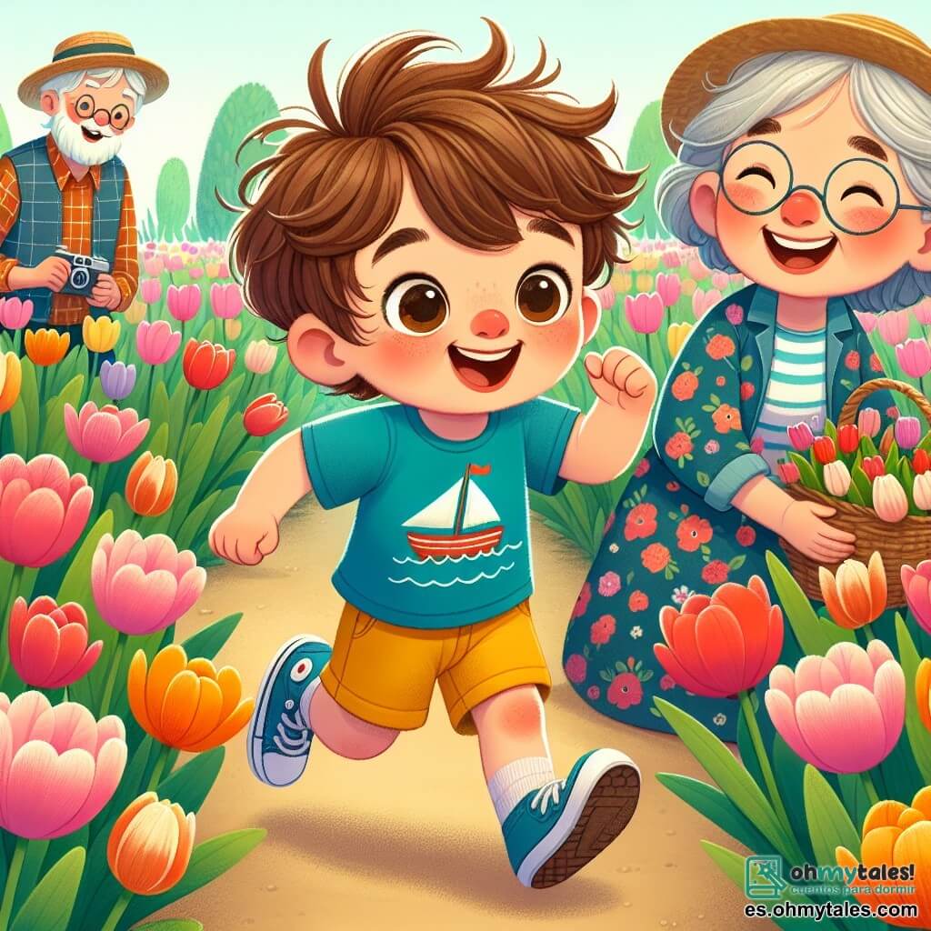 Un niño de 4 años llamado Lucas, con cabello castaño desordenado y grandes ojos curiosos, corre alegremente en un campo de tulipanes de colores, riendo. Lleva una camiseta azul con un pequeño barco dibujado y un pantalón corto amarillo brillante, con los brazos levantados como si quisiera tocar las flores. A su lado, su abuela, una mujer sonriente de unos 65 años con cabello gris recogido y gafas redondas, sostiene una cesta llena de tulipanes. Ella lleva un vestido floral y mira a Lucas con ternura. Un poco más lejos, su abuelo, un hombre de 70 años con barba blanca y un sombrero de paja, toma fotos con una cámara antigua. Lleva una camisa a cuadros y pantalones beige, sonriendo al ver a su nieto divertirse. El lugar es un hermoso campo de tulipanes en plena floración, con flores de todos los colores bajo un cielo azul claro con algunas nubes blancas. La escena principal muestra a Lucas corriendo entre los tulipanes, maravillado por su belleza, mientras sus abuelos lo observan con amor, creando un momento de felicidad familiar en la naturaleza.
