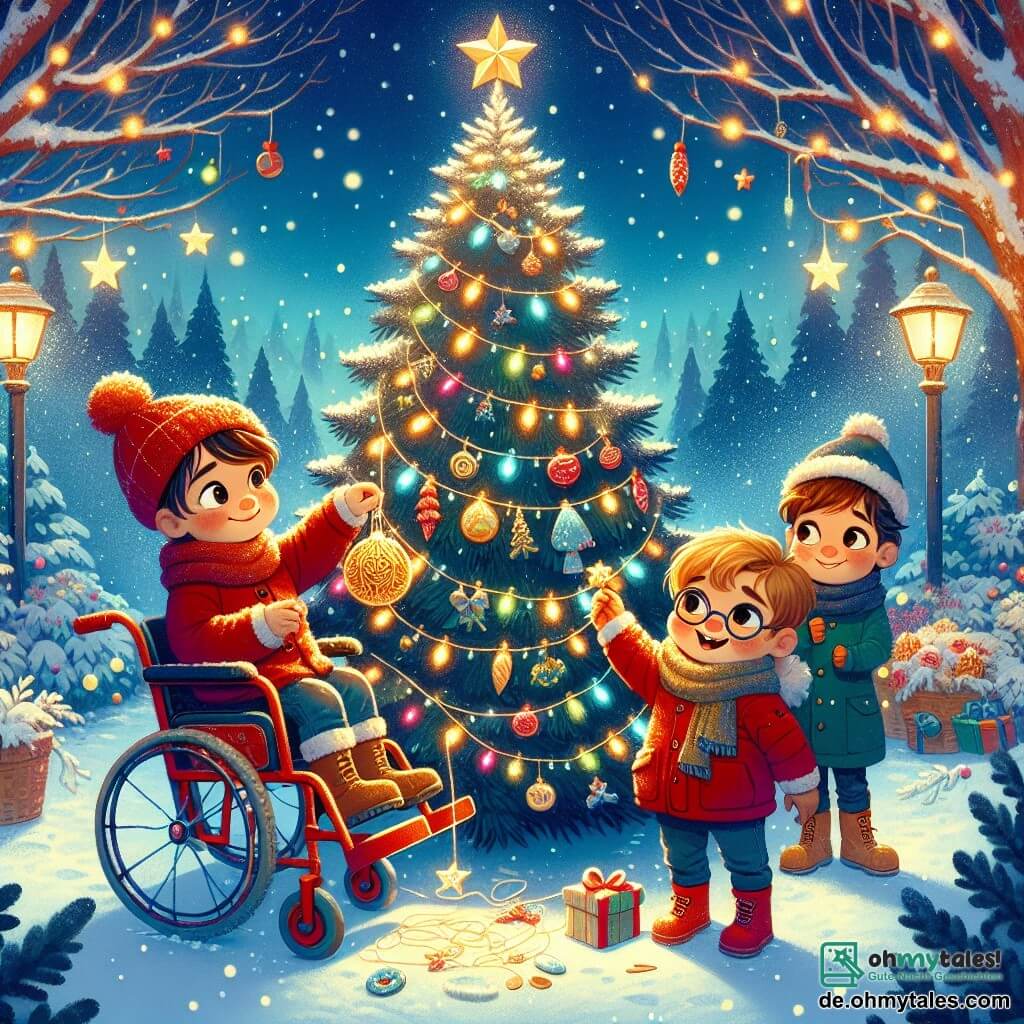 In einem verschneiten Park versammeln sich drei Kinder um einen großen Weihnachtsbaum. Max, ein 10-jähriger Junge im schönen roten Rollstuhl, hat zerzauste braune Haare und ein strahlendes Lächeln. Er hängt eine goldene Weihnachtskugel an den niedrigsten Ast des Baumes. Neben ihm hält Leo, ein 9-jähriger Junge mit blonden Haaren und funkelnden Augen, begeistert eine Lichterkette, die er gerade abrollt. Paul, ein 8-jähriger Junge mit Brille und braunen Haaren, steht etwas abseits und hält ein kleines Paket mit Weihnachtsplätzchen, das er den Passanten anbieten möchte. Der Park ist magisch, mit sanft fallenden Schneeflocken, bunten Lichtern, die am Baum funkeln, und strahlenden Sternen am Nachthimmel. Die umgebenden Bäume sind mit Schnee bedeckt, was eine märchenhafte Stimmung schafft. Die Kinder dekorieren den Baum, singen Weihnachtslieder, teilen Lachen und Freude und bereiten Überraschungen für ihre Nachbarn vor.