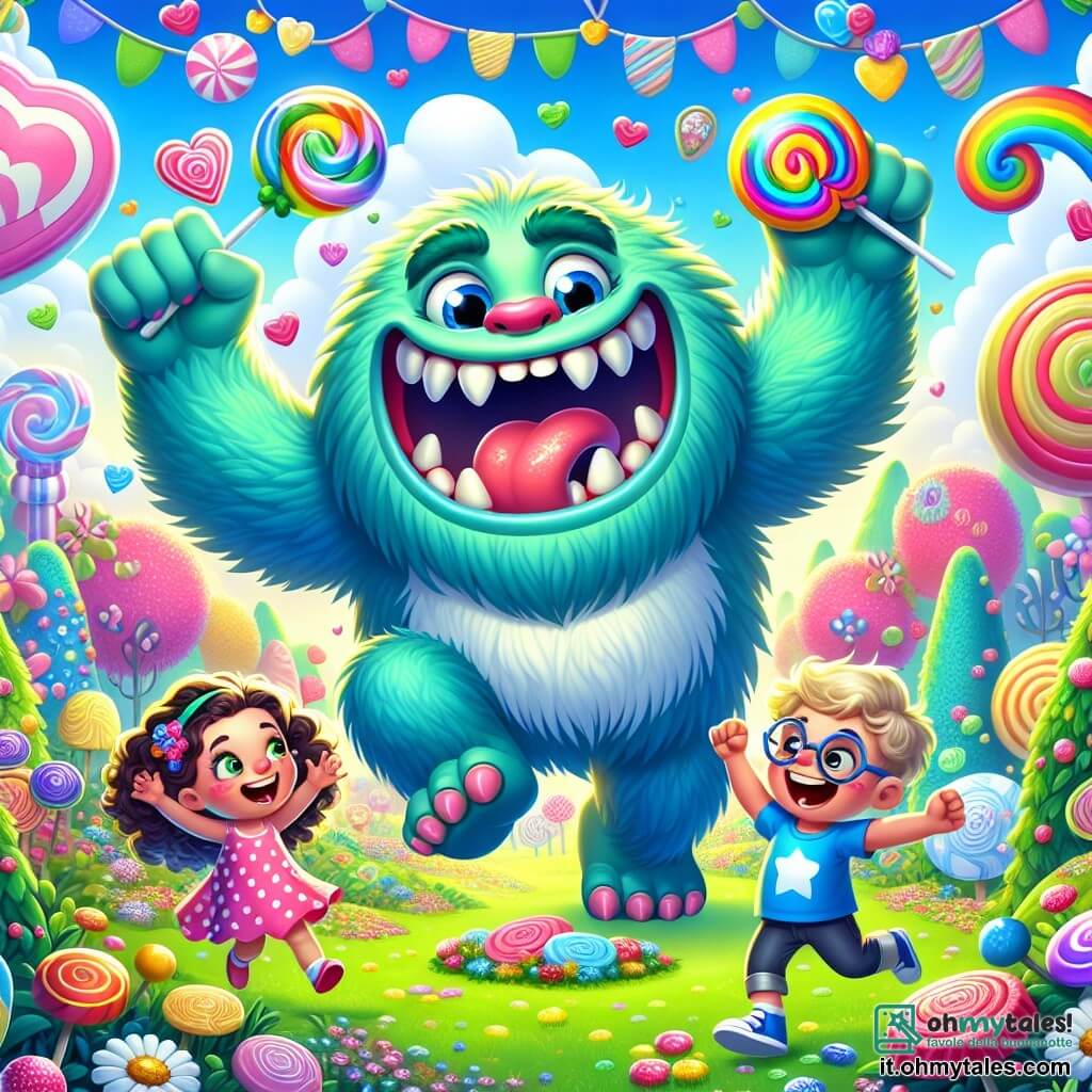 Al centro dell'immagine, Gorgo, un grande mostro peloso con pelle verde brillante, un ampio sorriso e occhi scintillanti di gioia, salta di felicità in un campo pieno di caramelle colorate. I suoi muscolosi bracci sono alzati in aria e ride, mostrando i suoi denti bianchi e aguzzi, ma amichevoli. A destra, una ragazza di circa 8 anni con capelli ricci, vestita con un abito rosa a pois, tiene un palloncino a forma di cuore e guarda Gorgo con meraviglia. A sinistra, un ragazzo di 7 anni con occhiali e una maglietta blu sorride mentre tiene una grande leccornia, pronto a unirsi alla festa. Lo scenario è un magnifico prato di Fantasilandia, pieno di fiori multicolori, alberi di caramelle e un cielo blu brillante, con nuvole a forma di marshmallow che fluttuano dolcemente. La scena principale mostra Gorgo e i bambini che celebrano una festa gioiosa, circondati da dolci giganti e giochi, creando un'atmosfera di felicità e amicizia.