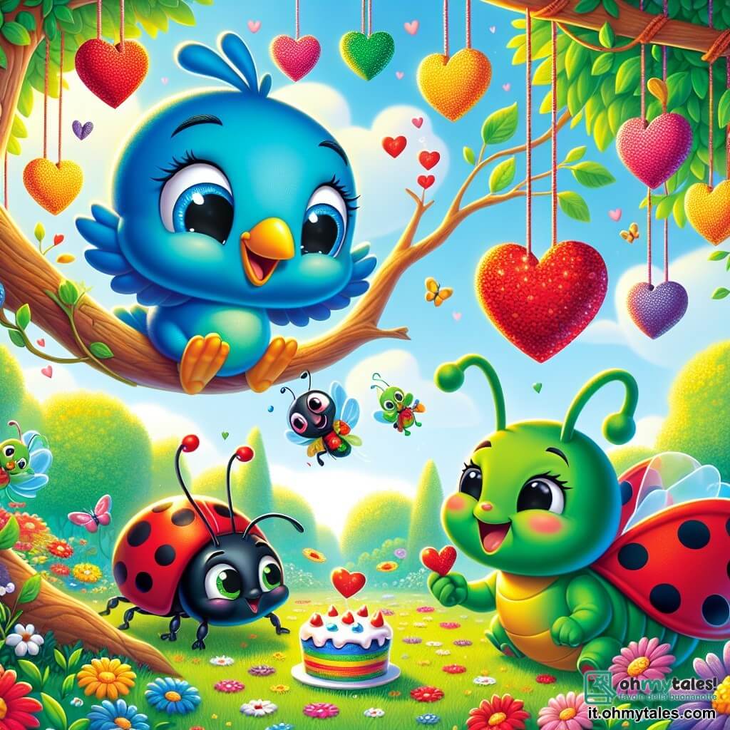 Un piccolo uccellino blu di nome Piumino, con occhi scintillanti di gioia e un sorriso radioso, è posato su un ramo d'albero mentre appende cuori di carta colorati. Accanto a lui, una coccinella rossa con puntini neri, di nome Giulia, vola felicemente tenendo una piccola torta a forma di cuore, con un'espressione soddisfatta. Più in basso, un grillo verde di nome Marco, con lunghe antenne e un'aria giocosa, suona un piccolo tamburo, circondato da fiori vivaci. Sullo sfondo, un giardino incantevole pieno di fiori multicolori, grandi alberi con foglie lussureggianti e un cielo blu chiaro crea un'atmosfera festosa e calorosa. La scena mostra Piumino e i suoi amici che preparano una festa gioiosa per celebrare l'amicizia e l'amore, con risate e colori ovunque.