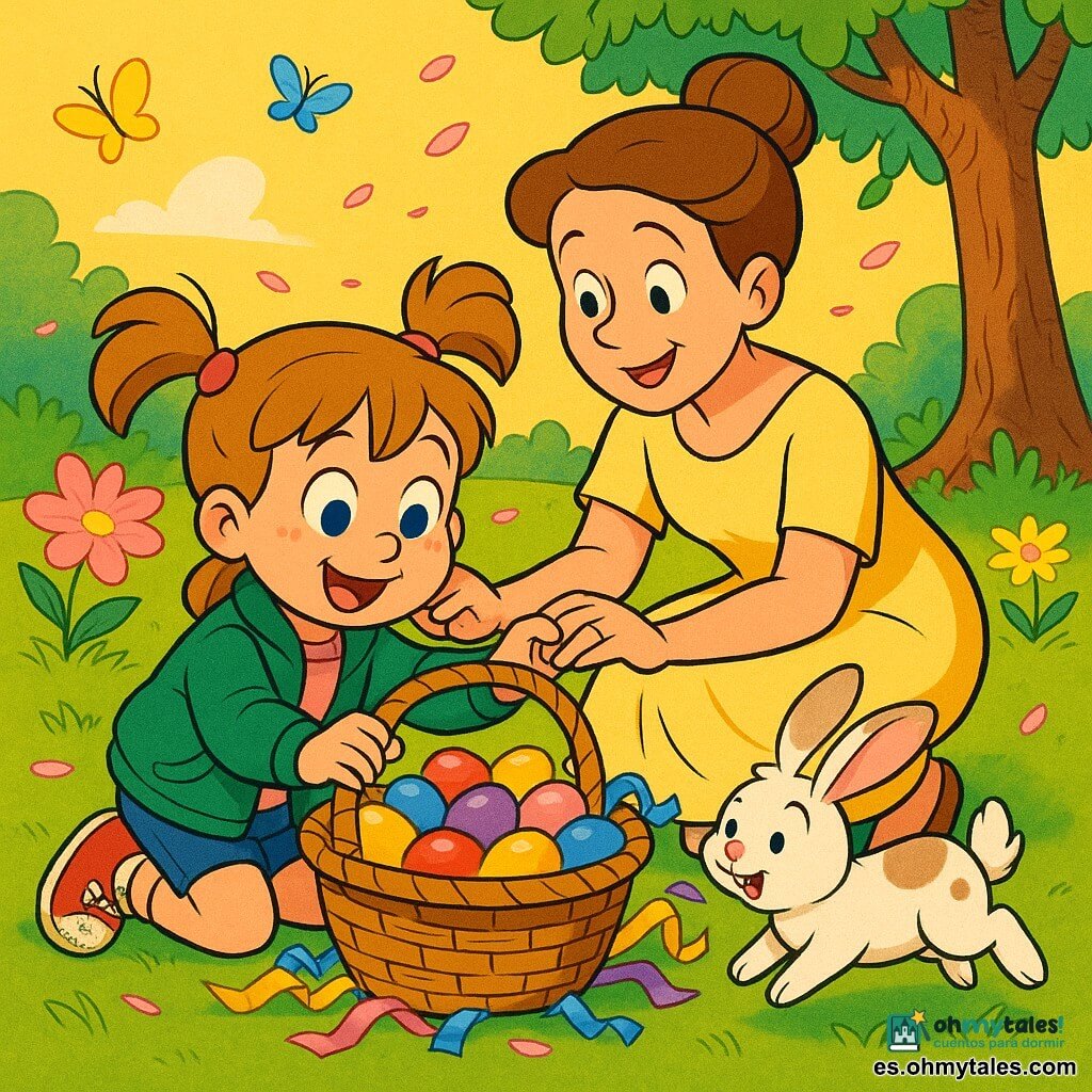Una niña de 4 años feliz, con coletas castañas claras, ojos azules, chaqueta verde y zapatillas rojas manchadas de hierba, se arrodilla para abrir una gran cesta de mimbre llena de huevos de colores; su madre, de unos 32 años, sonriente y cariñosa, con el pelo recogido en un moño y vestido amarillo pálido, está agachada detrás sujetándole la mano; un pequeño conejo blanco de pelaje suave con orejas rosadas y manchas de chocolate salta cerca y la observa; el jardín bañada de luz dorada de mañana, con césped verde, flores rosas y amarillas y un árbol frondoso, y pétalos y mariposas flotan mientras la niña descubre la cesta con papeles brillantes y lazos junto a un arbusto.