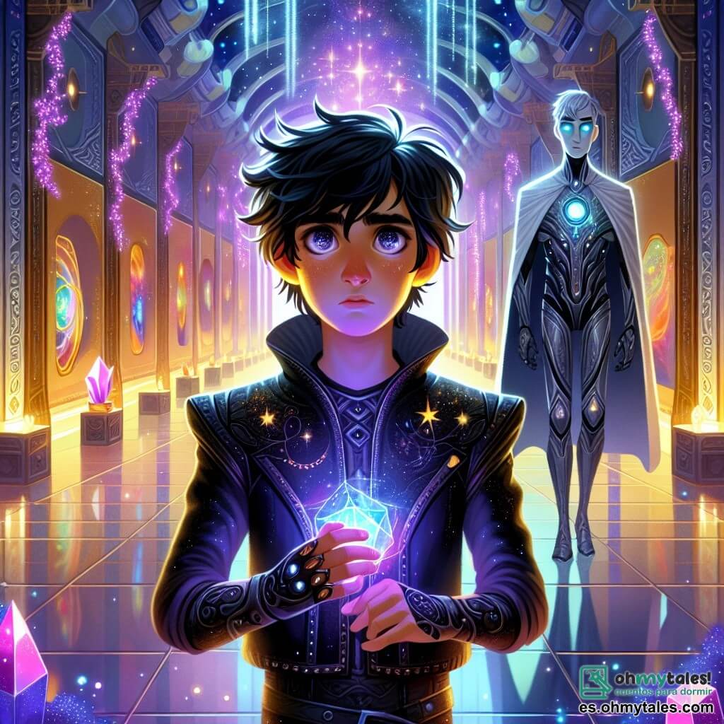 Un joven llamado Kael, de unos 15 años, se encuentra en el centro de un vasto vestíbulo de la estación espacial Arkhanus. Tiene el cabello negro despeinado, ojos brillantes como estrellas y viste un traje de metal negro y polvo lunar. Su rostro refleja una intensa determinación mientras sostiene una variedad de éter brillante en la mano. A su lado, un androide de aproximadamente dos metros con una capa plateada vigila el corredor con ojos luminosos y un rostro impasible, listo para intervenir si es necesario. El vestíbulo es inmenso, con paredes adornadas con runas brillantes y cristales que reflejan destellos de luz. Lianas luminosas cuelgan del techo y una bruma violeta flota cerca del suelo, creando una atmósfera misteriosa y mágica. Kael se prepara para elegir uno de los tres caminos que tiene ante él, dudando entre el corredor luminoso, la puerta custodiada por el androide y la escalera en espiral envuelta en bruma. El aire está cargado de una tensión palpable, sabiendo que cada elección lo acercará al Orbe de Umbra o a un peligro inminente.
