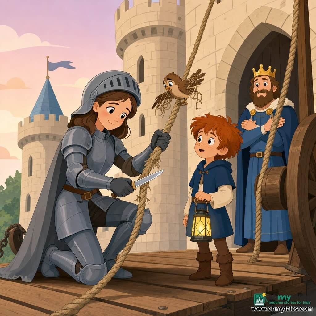 A smiling, attentive female knight kneels on a light wooden drawbridge before a beige stone castle, helmet partially raised revealing a shy smile, in matte grey armor and small grey cape, calmly and protectively cutting a worn rope to free a small brown bird whose wing is slightly tangled; an amazed red-haired boy page of about eight stands beside her holding a small yellow lantern, while a bearded, kind king in a blue robe and simple crown watches from the castle gate with hands crossed, pale pink morning sky above.