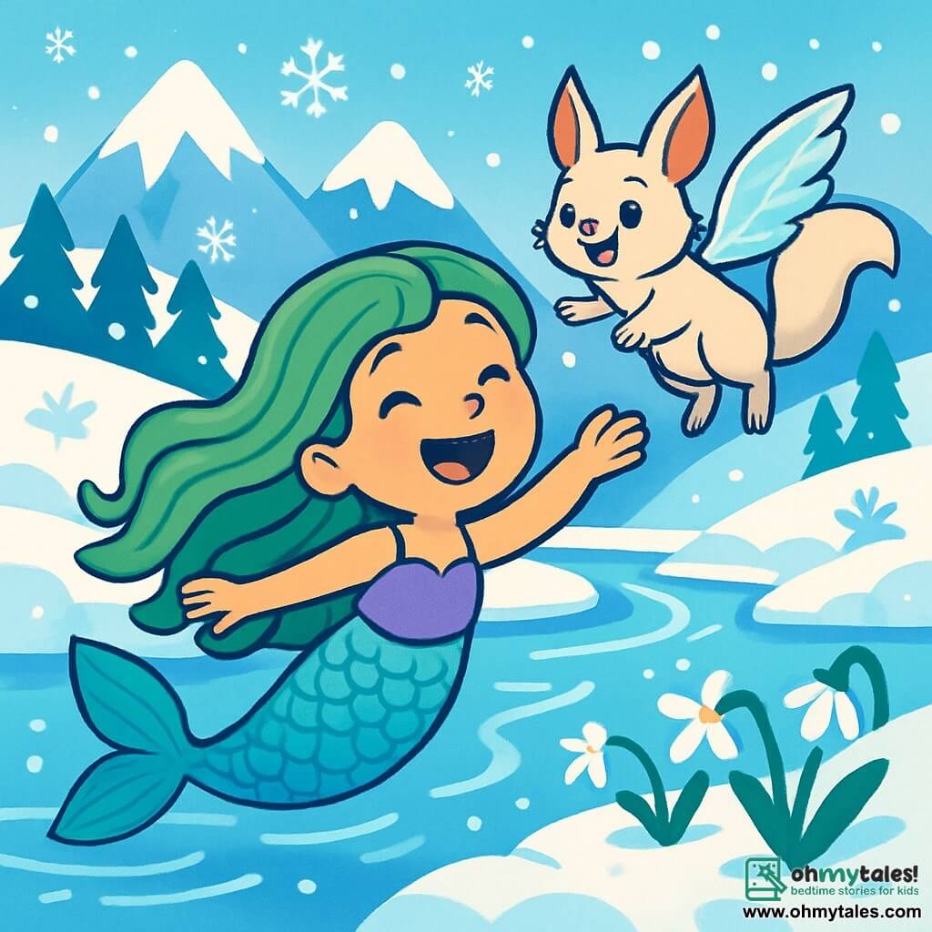 A mermaid named Lila, with shimmering teal scales and long wavy seaweed-colored hair, joyfully swims in a frozen river, her face beaming with happiness and excitement. Next to her, a little snow squirrel, Frostwhisk, with pointed ears and sparkling wings, flies around her laughing, his eyes twinkling with mischief. The setting is a magical winter landscape, with majestic snow-covered mountains, gently falling snowflakes, and white snow flowers peeking through the ice. The main scene shows Lila and Frostwhisk celebrating their friendship, surrounded by the beauty of nature, as they prepare to explore the secrets of Glimmerpeak.