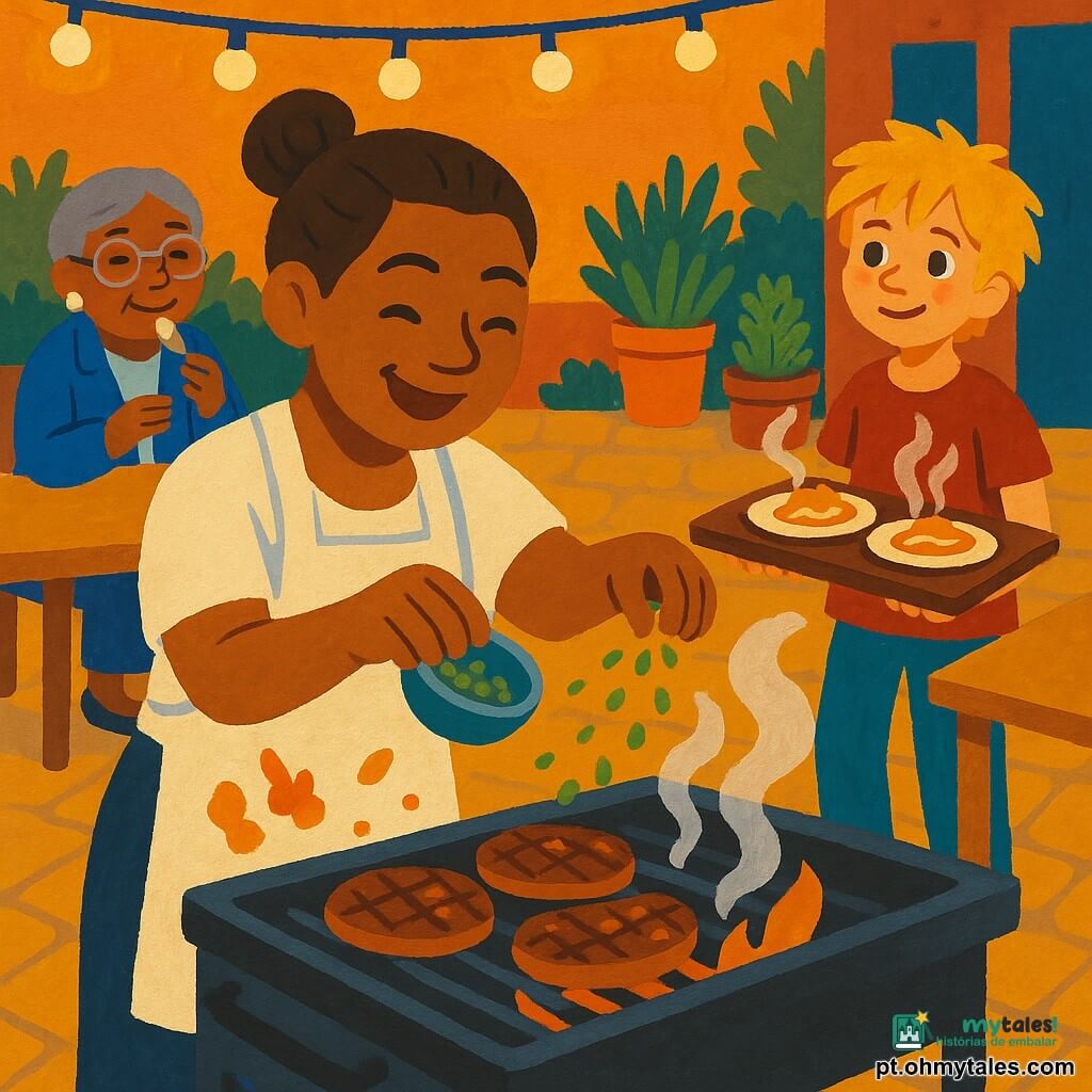 A chef Mariana, mulher na casa dos 30, sorridente e concentrada, cabelo castanho preso em coque, avental branco manchado, segura uma grande espátula sobre uma grelha fumegante e salpica salsa verde; à direita, um garçom menino de ~10 anos, cabelo loiro bagunçado, segura um bandeja de madeira com pratos fumegantes e a observa com admiração; à esquerda, uma juíza de ~60 anos, cabelo grisalho curto, óculos redondos e casaco azul, prova um pedaço com um garfinho e sorri; o cenário é uma brasserie ao ar livre com piso de paralelepípedo, mesas de madeira clara, luzes penduradas, vasos de plantas e um pequeno jardim de ervas, luz dourada do entardecer; a cena principal mostra a chef apresentando seu prato grelhado no concurso, vapor subindo e chama suave sob a grelha, com risos e aplausos desfocados ao fundo.