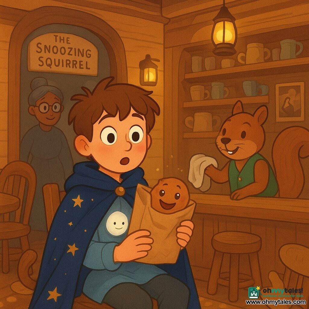 Prince Bram is a shy, surprised boy with rosy cheeks and wide eyes, wearing a navy-blue star-embroidered cape and tousled brown hair, sitting on a cloth-bound chair and clutching a paper bag containing the Laughing Biscuit to his chest; a confident round white marshmallow glows softly in his jacket pocket; Bartholomew Squeak, a small mustached squirrel boy in a green vest, stands on a stool behind a honey-wood counter, wiping a mug and smiling mischievously at Bram; the Laughing Biscuit is an animated light-brown cookie with sugar eyes and a big icing grin, poking out of the bag and cracking a joke as crumbs sparkle; Lady Quillamina, a tall elderly librarian with gray hair in a bun and round glasses, watches kindly at the tavern entrance; the Snoozing Squirrel tavern is warm honey-wood inside with hanging lanterns, leaning mug shelves, painted posters and a thick rug with golden sheep, and the scene is cozy and playful with soft lighting, saturated colors and gently animated objects applauding.
