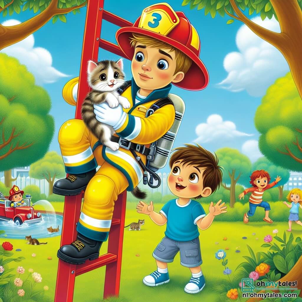 Een mannelijke brandweerman, genaamd Sam, klimt vastberaden op een rode ladder, gekleed in zijn glanzende gele uniform en brandweerhelm. Zijn gezicht toont concentratie en vriendelijkheid, met een geruststellende glimlach voor de kleine kitten die hij in zijn armen houdt. Naast hem kijkt een kleine jongen genaamd Tim, ongeveer 7 jaar oud, met bewondering. Hij heeft grote ronde ogen en rommelig kastanjebruin haar, en draagt een blauwe t-shirt en een korte broek. Tim staat aan de voet van de ladder, met zijn handen op zijn heupen, vol opwinding en trots. De scène speelt zich af in een groene park, met grote bomen met weelderig loof, een heldere blauwe lucht met enkele donzige witte wolken, en kleurrijke bloemen langs het pad. In de verte zijn kinderen te zien die op het gras spelen. De belangrijkste situatie toont Sam die een kleine kitten redt die vastzit in een boom, terwijl Tim hem aanmoedigt en zijn moed bewondert.