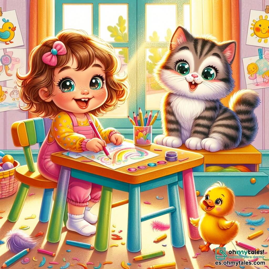 Una niña de 1 año, con grandes ojos brillantes y cabello rizado, está sentada en una pequeña mesa de madera colorida. Sonríe alegremente, sosteniendo un lápiz rosa en su mano, rodeada de hojas de papel cubiertas de dibujos coloridos. A su lado, un gato gordito y peludo, con pelaje rayado gris y ojos verdes brillantes, se estira perezosamente dejando caer plumas coloridas, observándola con curiosidad. Un poco más lejos, un pato amarillo brillante, con un pico naranja y plumas brillantes, está cerca de la ventana, con una expresión divertida, listo para saltar adentro. La escena transcurre en una habitación cálida y luminosa, decorada con paredes pastel, juguetes esparcidos y dibujos colgados en la pared. La luz suave del sol entra por la ventana, creando una atmósfera alegre y acogedora. En esta situación principal, Lía, el gato y el pato se divierten juntos creando un dibujo colorido, riendo y jugando, llenando la habitación de felicidad y creatividad.