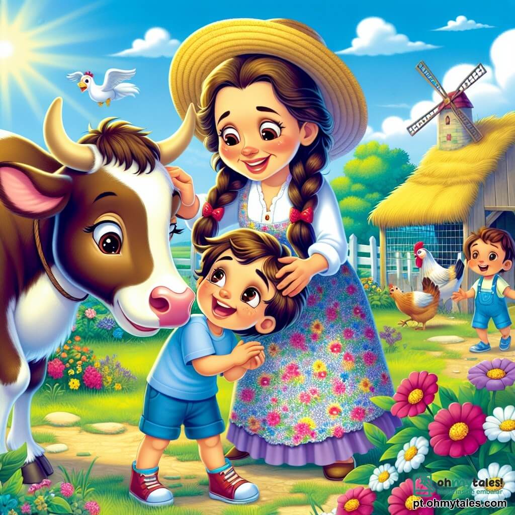 Dona Rosa é uma mulher de meia-idade, com longos cabelos castanhos trançados e um sorriso caloroso. Ela usa um vestido colorido com flores e um chapéu de palha, acariciando uma vaca dócil chamada Margarida, que está ao seu lado com um olhar pacífico. Pedro, um menino de cerca de 8 anos, está por perto. Ele tem cabelos castanhos bagunçados e veste uma camiseta azul e um short. Ele ri alegremente enquanto acaricia a vaca, com os olhos brilhando de admiração. A cena acontece em uma fazenda ensolarada, cercada por campos verdes e flores coloridas. Ao fundo, há um galinheiro com galinhas ciscando o chão e um céu azul com nuvens brancas fofas. A situação principal mostra Dona Rosa e Pedro compartilhando um momento de felicidade, rodeados pelos animais da fazenda, ilustrando a alegria de cuidar da natureza e das criaturas que nela vivem.