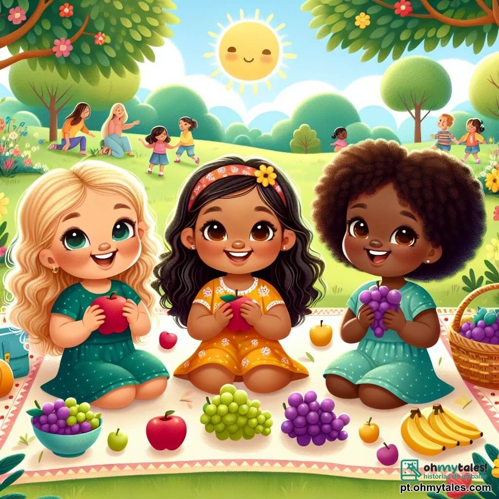 Três meninas, Ana, Beatriz e Clara, estão sentadas em uma grande toalha colorida em um parque ensolarado. Ana, uma menina de quatro anos com cabelos cacheados e pele clara, sorri segurando uma maçã vermelha. Ao lado dela, Beatriz, também de quatro anos, tem cabelos lisos e pele morena, segurando uma banana amarela e rindo alegremente. Clara, a terceira menina, tem cabelos crespos e pele escura, e está compartilhando cachos de uvas com suas amigas. O parque é cheio de verde, com árvores majestosas e flores coloridas. Ao fundo, crianças brincam nos balanços e famílias passeiam. As três meninas fazem um piquenique juntas, compartilhando frutas e rindo, discutindo suas diferenças culturais e a beleza da diversidade, com rostos radiantes de alegria e amizade.