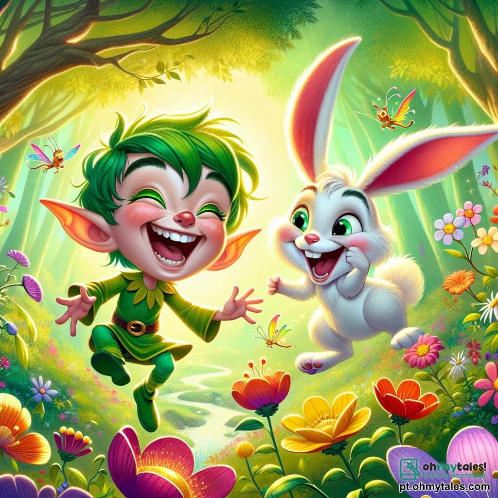Em uma floresta mágica, um duende alegre chamado Pipo, com sua pele verde brilhante e grandes orelhas pontudas, ri às gargalhadas enquanto faz caretas para as flores coloridas que dançam ao seu redor. Seus olhos brilham de malícia e seu sorriso contagiante ilumina seu rosto travesso. Ao seu lado, seu amigo Rabito, um coelhinho travesso de grandes orelhas e pelagem branca, pula de alegria. Ele tem uma expressão divertida, com seus olhos redondos e brilhantes, e está ao lado de Pipo, pronto para rir das loucas aventuras que os aguardam. O cenário é o Vale das Gargalhadas, um lugar encantador onde flores multicoloridas balançam ao ritmo do vento e um riacho cintilante murmura piadas. Os raios de sol filtram através das folhas, criando uma atmosfera luminosa e alegre. Nesta cena, Pipo e Rabito se divertem fazendo caretas para as flores que, em resposta, explodem em risadas, criando uma atmosfera de felicidade e camaradagem. As risadas ecoam no ar, enquanto as flores parecem dançar e cantar ao redor deles.