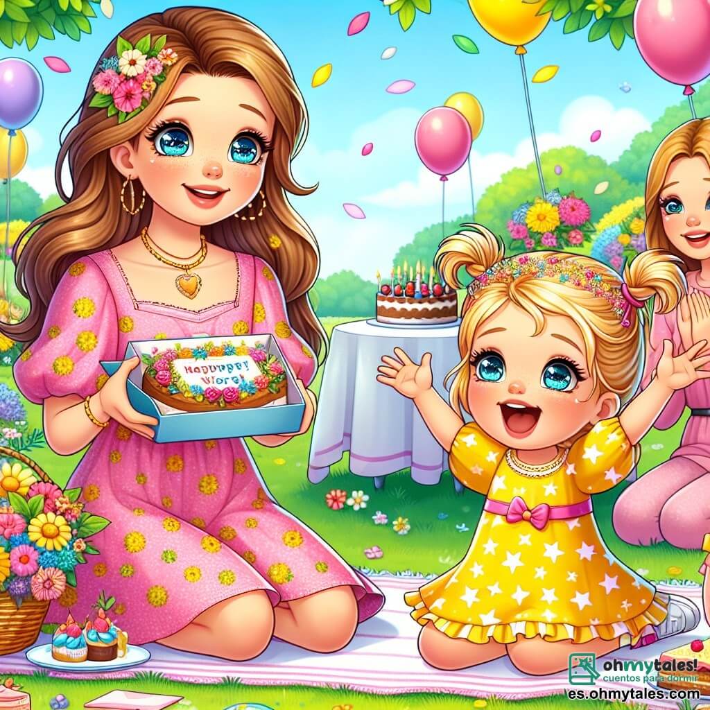 Dos niñas de tres años, Ana y Sofía, están en el centro de la imagen. Ana tiene el cabello largo y castaño, ojos brillantes y lleva un vestido rosa con motivos de flores. Está sentada en la hierba, sonriendo ampliamente y sosteniendo una carta colorida en sus manos. Al lado de ella, Sofía tiene el cabello rubio trenzado, ojos azules y lleva un vestido amarillo con estrellas. Ella se ríe, con los brazos levantados, como si acabara de contar un chiste. El escenario es un parque soleado, lleno de flores coloridas y árboles verdes. Hay globos flotando en el aire y mamás alegres reunidas alrededor de un gran mantel de picnic, donde hay pasteles y bebidas. La situación principal muestra a Ana entregando orgullosamente su carta a su mamá, que se ha arrodillado frente a ella con lágrimas de alegría en los ojos. Sofía, a su lado, aplaude y sonríe, celebrando este momento mágico de compartir y amor por el Día de la Madre.