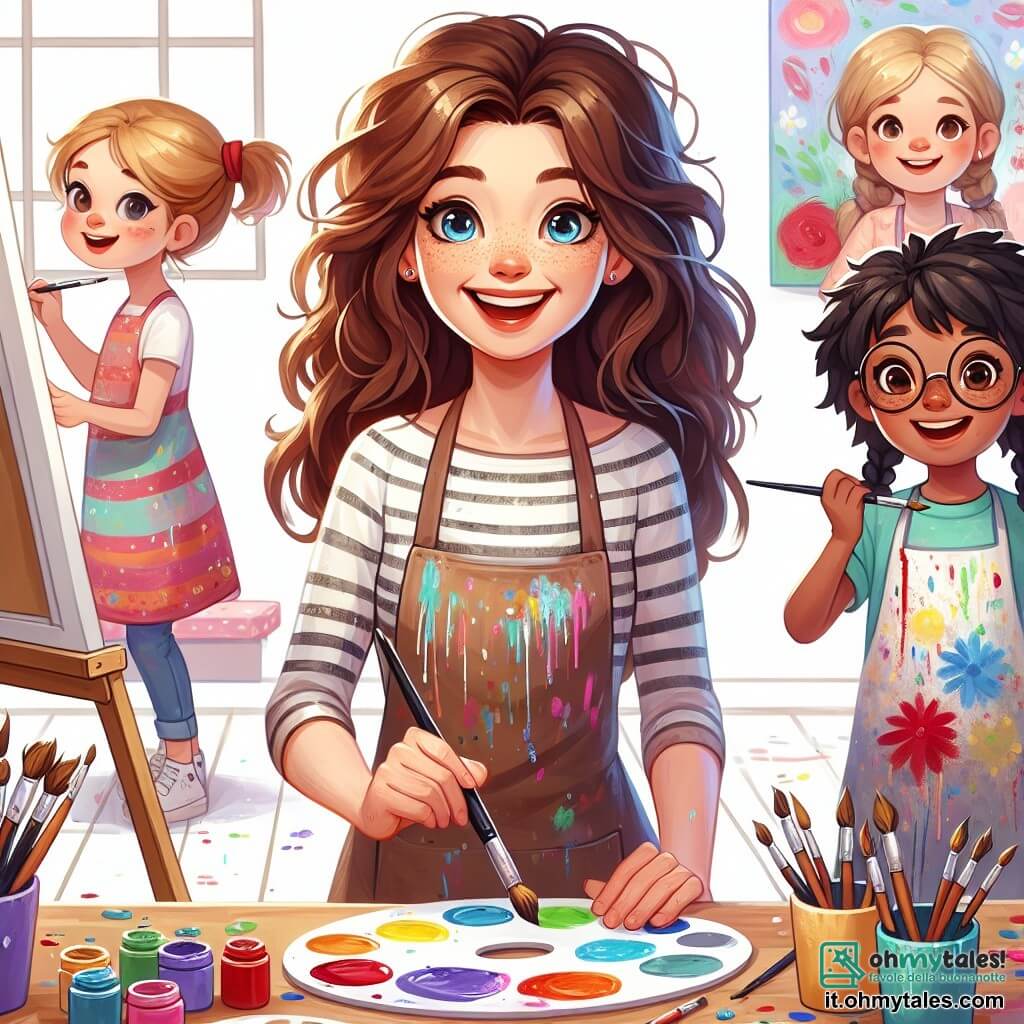 Al centro dell'immagine, Anna, una donna di circa trent'anni, si trova felicemente davanti a un grande quadro colorato. Ha lunghi capelli castani in disordine, un sorriso splendente e indossa un grembiule macchiato di vernice. I suoi occhi brillano di entusiasmo mentre mostra ai bambini come mescolare i colori sulla sua tavolozza. Alla sua destra, un ragazzo di 10 anni, Lucas, con occhiali rotondi e capelli biondi arruffati, osserva attentamente, tenendo un pennello in mano. Sembra concentrato e curioso, pronto a provare le tecniche che Anna gli insegna. Alla sua sinistra, una ragazza di 9 anni, Sofia, con trecce nere e un vestito colorato, sorride mentre dipinge fiori sulla sua tela, piena di energia e creatività. Il decor è un laboratorio luminoso pieno di tele, barattoli di vernice e pennelli sparsi. Grandi finestre lasciano entrare la luce del sole, illuminando i colori vibranti delle opere d'arte appese alle pareti. La situazione principale mostra Anna che guida i suoi allievi in un progetto collettivo, dove ognuno esprime la propria creatività attraverso la pittura, creando un'atmosfera gioiosa e ispiratrice.