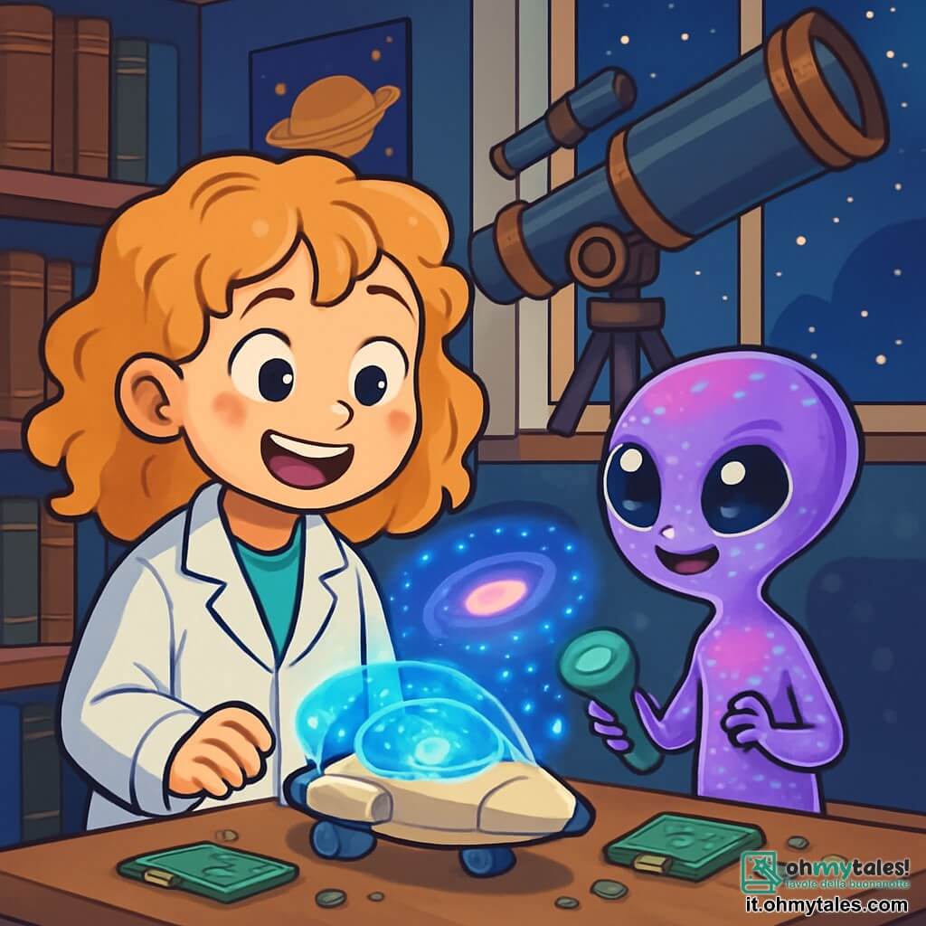 Una ragazza di 10 anni, Emma, con capelli ricci e dorati e occhi brillanti di curiosità, si trova in un laboratorio pieno di libri antichi e telescopi giganti. Indossa un camice bianco leggermente troppo grande per lei, e il suo viso esprime una gioia meravigliata mentre osserva un piccolo extraterrestre viola, Lilo, con occhi enormi e pelle traslucida che cambia colore. Lilo, alto quanto una bottiglia, sorride con le sue piccole mani a sei dita, tenendo un scanner luminoso. Il laboratorio è illuminato da luci soffuse, con muri coperti di poster di stelle e pianeti, e un grande telescopio puntato verso una finestra che mostra un cielo stellato. Emma e Lilo lavorano insieme su una piccola navetta spaziale, circondati da pezzi elettronici scintillanti, mentre un ologramma di una galassia fluttua sopra di loro, illuminando i loro volti con una luce magica.