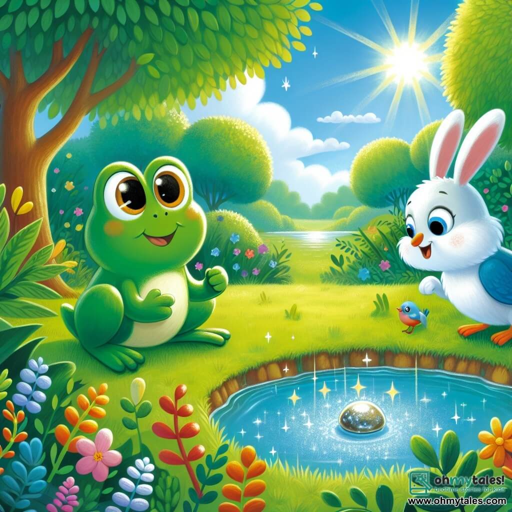 A green frog with big round eyes and a joyful smile stands by a sparkling pond, looking worried. Next to her, a colorful bird with blue and yellow feathers, looking friendly, is searching around. A small white rabbit with big ears, curious and attentive, hops over on the green grass. The pond is surrounded by large green leaves and colorful flowers under a bright blue sky. The frog is looking for her precious shiny stone while her friends help her find it, creating an atmosphere of friendship and adventure.