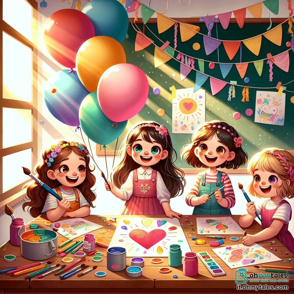 In un'aula colorata, quattro ragazze felici sono riunite attorno a un grande tavolo di legno. Giulia, 8 anni con lunghi capelli castani e un grande sorriso, tiene un pennello in una mano e un cartone colorato nell'altra, pronta a disegnare. Sofia, 7 anni con capelli ricci e occhi brillanti, disegna un grande cuore rosso. Marta, 9 anni con una gamba di legno, sorride mentre tiene un barattolo di vernice. Anna, 8 anni con un vestito rosa e trecce, scrive un dolce messaggio. L'aula è decorata con palloncini e festoni di carta, con finestre che lasciano entrare la luce del sole. Le ragazze lavorano insieme con entusiasmo per creare un bellissimo cartellone per la festa del papà, riempiendo l'aria di risate e gioia.