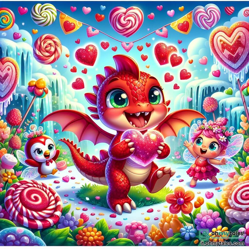 Fiammetta, un piccolo drago rosso con squame brillanti come rubini, è al centro dell'immagine, con un grande sorriso di eccitazione. Tiene un cuore di zucchero scintillante tra le zampe anteriori, circondata da fiori colorati e coriandoli a forma di cuore. Alla sua destra, Lolly, una dolce fata dei dolci con ali traslucide e capelli di zucchero filato, danza gioiosamente, i suoi occhi brillano di felicità. A sinistra, Piumino, un pinguino divertente con un cappello a forma di cuore, fa pirouette sul ghiaccio, ridendo di cuore. Lo sfondo è un magnifico giardino pieno di fiori di gelatina, cascate di cioccolato e alberi di caramelle, sotto un cielo blu punteggiato di nuvole a forma di marshmallow. La scena principale mostra Fiammetta e i suoi amici che celebrano la festa di San Valentino, circondati da decorazioni colorate e creature felici, condividendo risate e amore in un'atmosfera festosa e magica.