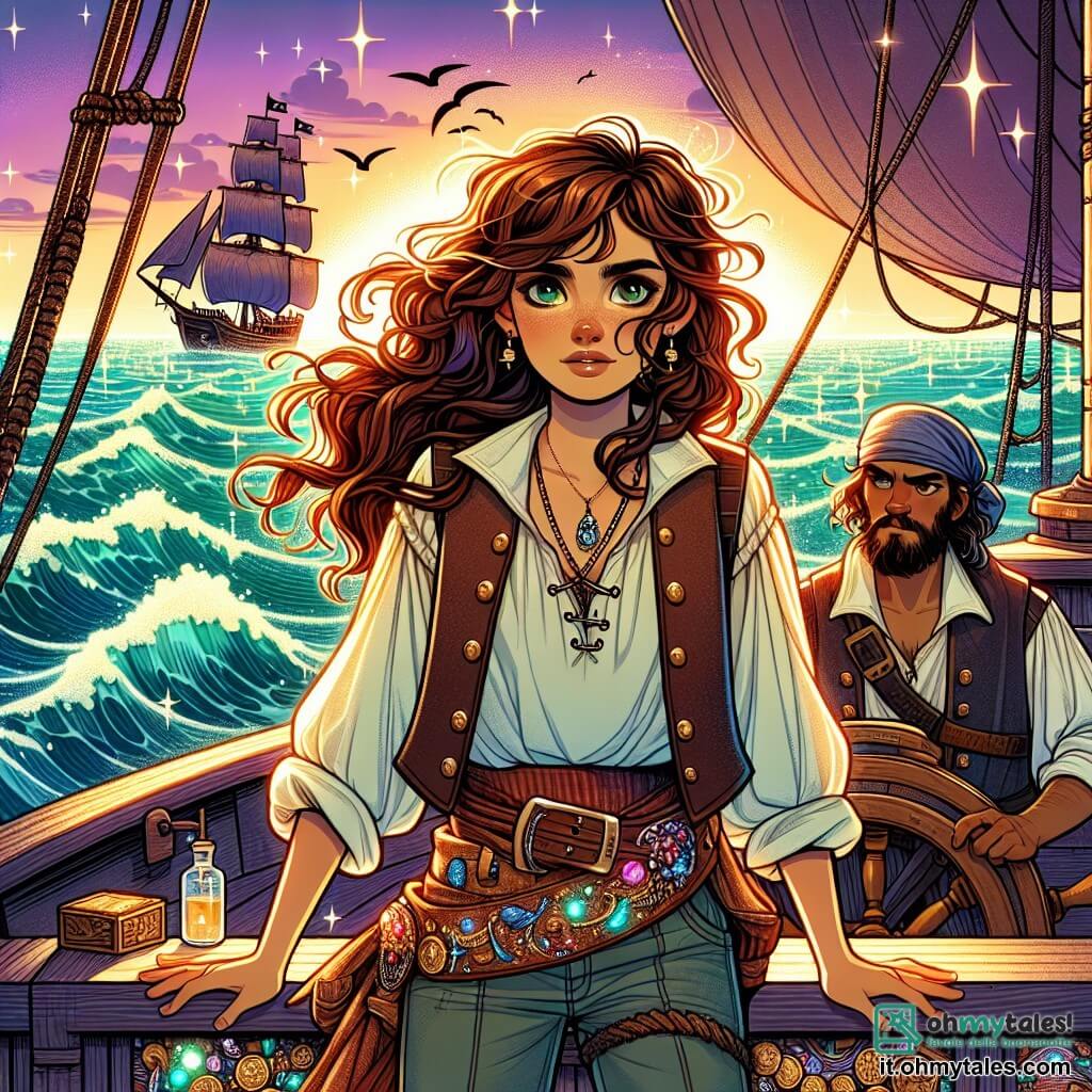 Isabella, una donna pirata temeraria di circa trent'anni, si erge orgogliosamente sulla prua della sua nave, la "Stella Marina". I suoi capelli castani, ondulati e scompigliati dal vento, fluttuano intorno al suo viso determinato, dove occhi verdi brillanti di eccitazione risplendono sotto il sole calante. Indossa una camicia bianca ampia, un gilet in pelle marrone e pantaloni di tela, con una cintura decorata con piccoli tesori scintillanti. Accanto a lei, Emilio, un uomo di circa trent'anni, con il viso segnato dal tempo e dall'esperienza, scruta l'orizzonte con una mappa in mano. La sua barba sale e pepe e il suo cappello da marinaio aggiungono alla sua presenza robusta. Il panorama è quello di un oceano vasto e scintillante, dove il cielo si tinge di sfumature di arancione e viola mentre il sole tramonta. Le onde danzano attorno alla nave, creando uno spettacolo di luce e movimento. Isabella, piena di determinazione, indica l'orizzonte dove si staglia l'Arcipelago delle Ombre, mentre Emilio, attento, si prepara a navigare verso l'ignoto. L'atmosfera è carica di avventura e mistero, promettendo scoperte straordinarie.