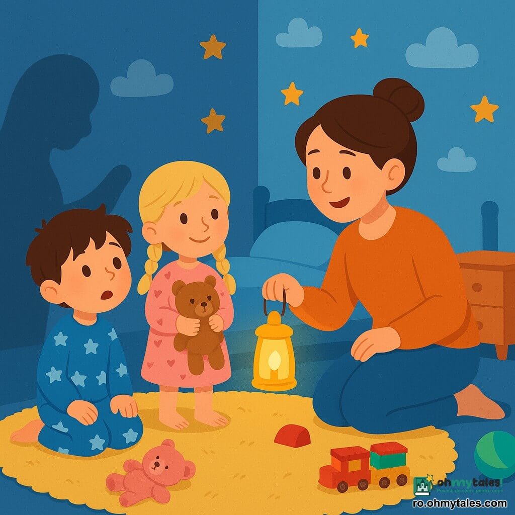 Sunt 3 personaje: - Luca: Un băiat de 5 ani cu părul castaniu dezordonat, purtând un pijama albastru cu stele albe. Stă pe un covor moale, cu ochii mari deschiși, privindu-se spre un colț întunecat al camerei. - Mara: O fetiță de 4 ani cu părul blond împletit, îmbrăcată într-o rochie roz cu inimioare. Stă lângă Luca, ținând un urs de pluș în brațe, cu un zâmbet liniștitor. - Mama: O femeie de aproximativ 30 de ani cu părul castaniu prins în coc, purtând un pulover moale și confortabil. Se așază în fața copiilor, ținând o mică lanternă care luminează delicat camera. Locul este o cameră de copil călduroasă, cu pereți vopsiți în albastru deschis și decorațiuni cu nori și stele. Un covor mare și moale acoperă podeaua, iar jucăriile sunt împrăștiate în jur. Într-un colț, o umbră misterioasă se conturează, creând o atmosferă ușor neliniștitoare, dar primitoare. Situația principală arată cum Luca și Mara, puțin îngrijorați, privesc spre colțul întunecat al camerei, în timp ce Mama îi liniștește cu lanterna ei, iluminând fețele lor zâmbitoare și curioase. Umbrele dansează în jurul lor, dar atmosfera rămâne blândă și reconfortantă.