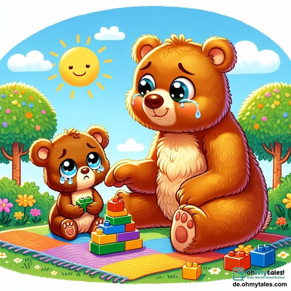 Ein kleiner brauner Bär mit einem weichen Fell und runden, glänzenden Augen sitzt auf einer bunten Decke und zeigt einen traurigen Gesichtsausdruck mit Tränen in den Augen. Er hält einen kleinen Spielstein in seinen Pfoten. Neben ihm sitzt eine große, herzliche Mama-Bärin mit goldenem Fell und einem tröstlichen Lächeln, die ihn sanft ansieht und ihm den Kopf streichelt. Die Szenerie ist eine sonnige Lichtung, umgeben von grünen Bäumen mit glänzenden Blättern, und bunten Blumen, die um sie herum wachsen. In der Mitte sind farbige Bauklötze auf der Decke verstreut. Die Hauptsituation zeigt den kleinen Bären, der mit den Steinen ein großes Schloss baut, während seine Mama ihn mit einem liebevollen Blick ermutigt, was eine Atmosphäre von Unterstützung und Trost schafft.