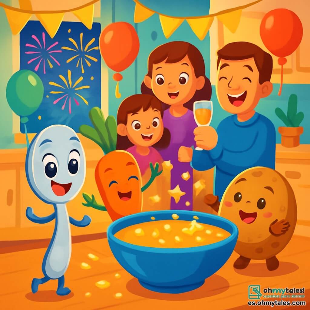 Una cocina cálida y animada, llena de decoraciones de Nochevieja: guirnaldas doradas, globos de colores y un gran plato de sopa espumosa en el centro. En primer plano, una pequeña cuchara plateada, Cuchi, con una sonrisa radiante y ojos chispeantes de curiosidad, baila alegremente sobre la mesa, rodeada de gotas de sopa que brillan como estrellas. A su lado, una alegre zanahoria naranja, con una cara sonriente y brazos de hojas, hace piruetas, mientras que una patata redonda y marrón, con un aire divertido, aplaude rodando suavemente sobre la mesa. Al fondo, una familia sonriente se prepara para el gran momento de Año Nuevo, con niños de ojos brillantes y padres riendo juntos, sosteniendo vasos llenos de jugo espumoso. La cocina está llena de luz suave, con una gran ventana que deja pasar destellos de fuegos artificiales coloridos desde el exterior. La escena principal muestra a Cuchi y sus amigos bailando y divirtiéndose, creando un ambiente festivo y mágico, justo antes de la cuenta regresiva de la medianoche.