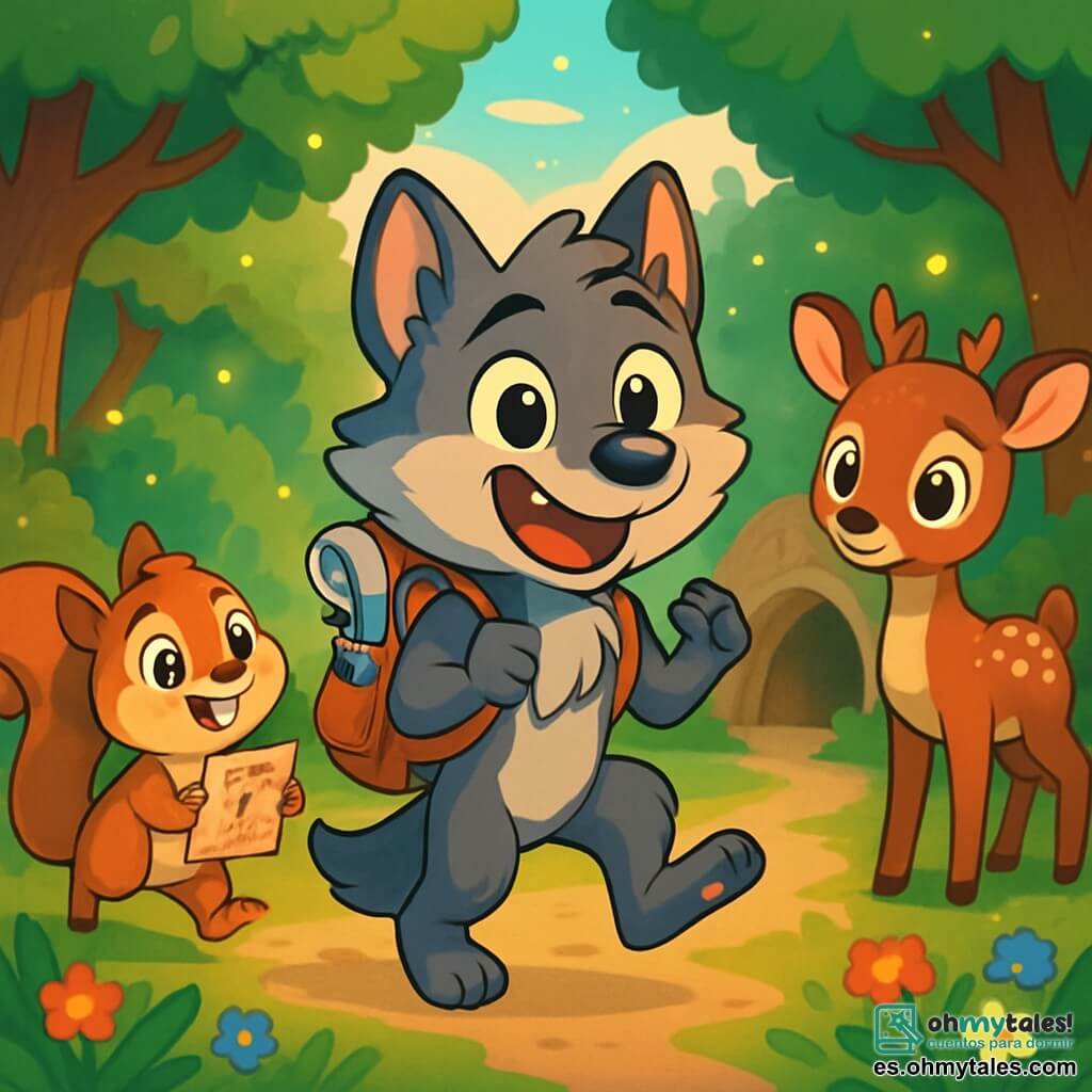 Un pequeño lobo de ojos brillantes y curiosos, con pelaje gris y cola esponjosa, se encuentra en el centro de la imagen, mostrando una amplia sonrisa de emoción y nerviosismo. Lleva una pequeña mochila de cuero llena de útiles escolares, con las patas delanteras levantadas como si estuviera listo para lanzarse a la aventura. A su izquierda, una ardilla pequeña de pelaje marrón claro, con grandes ojos chispeantes y una expresión amigable, salta alegremente sosteniendo un mapa del tesoro en sus pequeñas patas. A la derecha, un joven ciervo con manchas blancas en su pelaje, mostrando una expresión tímida pero entusiasta, observa con curiosidad, con las grandes orejas en alto. El escenario es un claro soleado en el corazón de un bosque verde, rodeado de majestuosos árboles con hojas brillantes y flores coloridas esparcidas por el suelo. En el fondo, las luciérnagas comienzan a encenderse, añadiendo un toque mágico a la atmósfera. La situación principal muestra al pequeño lobo y sus amigos preparándose para su primer día de escuela, rodeados de risas y entusiasmo, mientras se dirigen hacia una cueva acogedora que sirve de aula, simbolizando el comienzo de una gran aventura de aprendizaje.