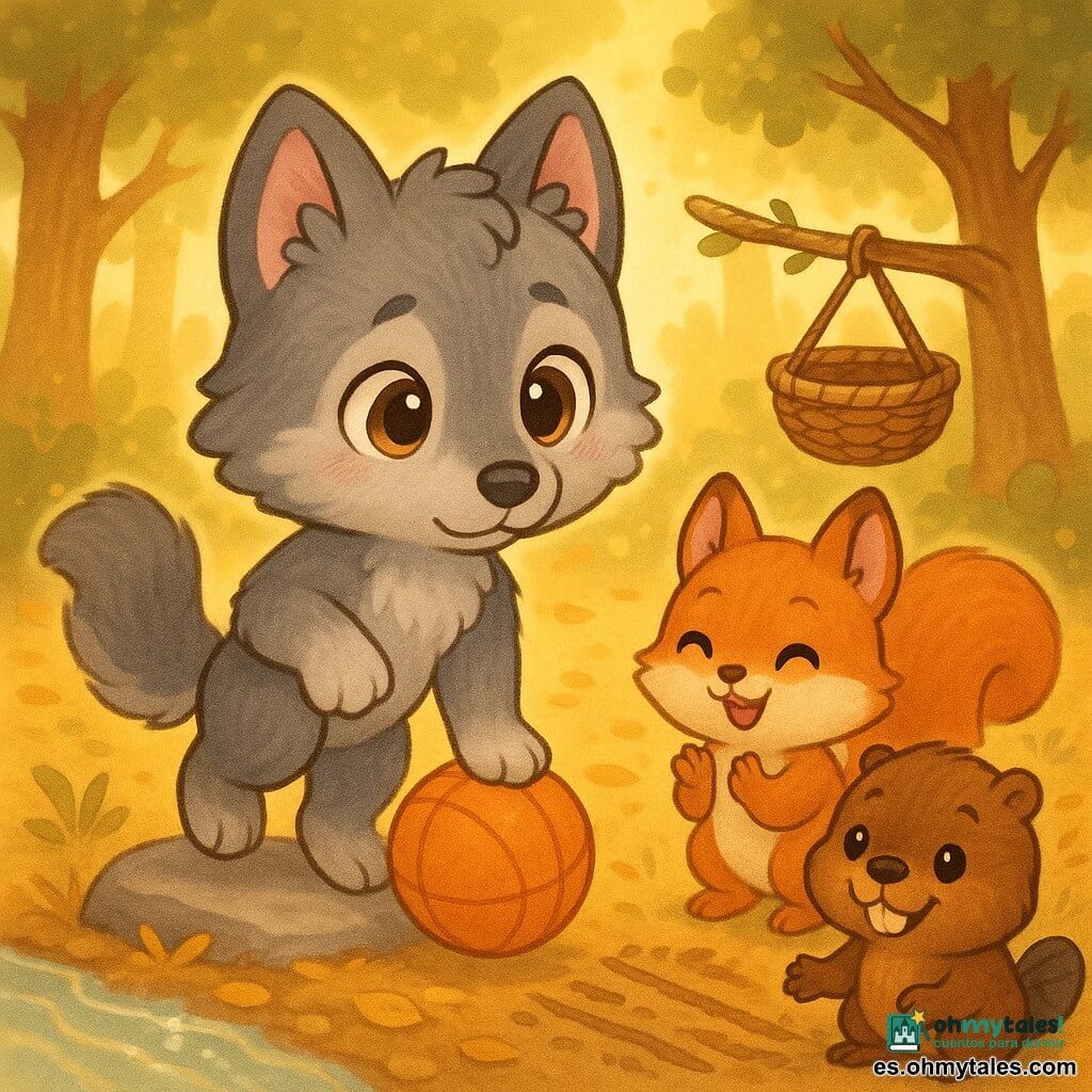 Personaje principal: lobo antropomorfo chibi de pelaje gris suave, ojos ámbar grandes, orejas puntiagudas, expresión tímida pero curiosa; sostiene un balón naranja y trata de botarlo con una pata sobre él. Nora, ardilla chibi pelirroja de cola muy esponjosa y ojos pícaros, está junto a una rama baja con una canasta de lianas colgando; sonríe y aplaude. Bruno, castor chibi marrón con dientes grandes y manos con barro, traza líneas en el suelo con lodo junto a un arroyo y mira a Lobo animándolo. Escena: claro de bosque iluminado por sol dorado, suelo de hojas secas, piedra lisa donde rebota el balón y arroyo brillante; ambiente alegre y amistoso, colores cálidos y texturas suaves, composición centrada en el trío y la canasta.