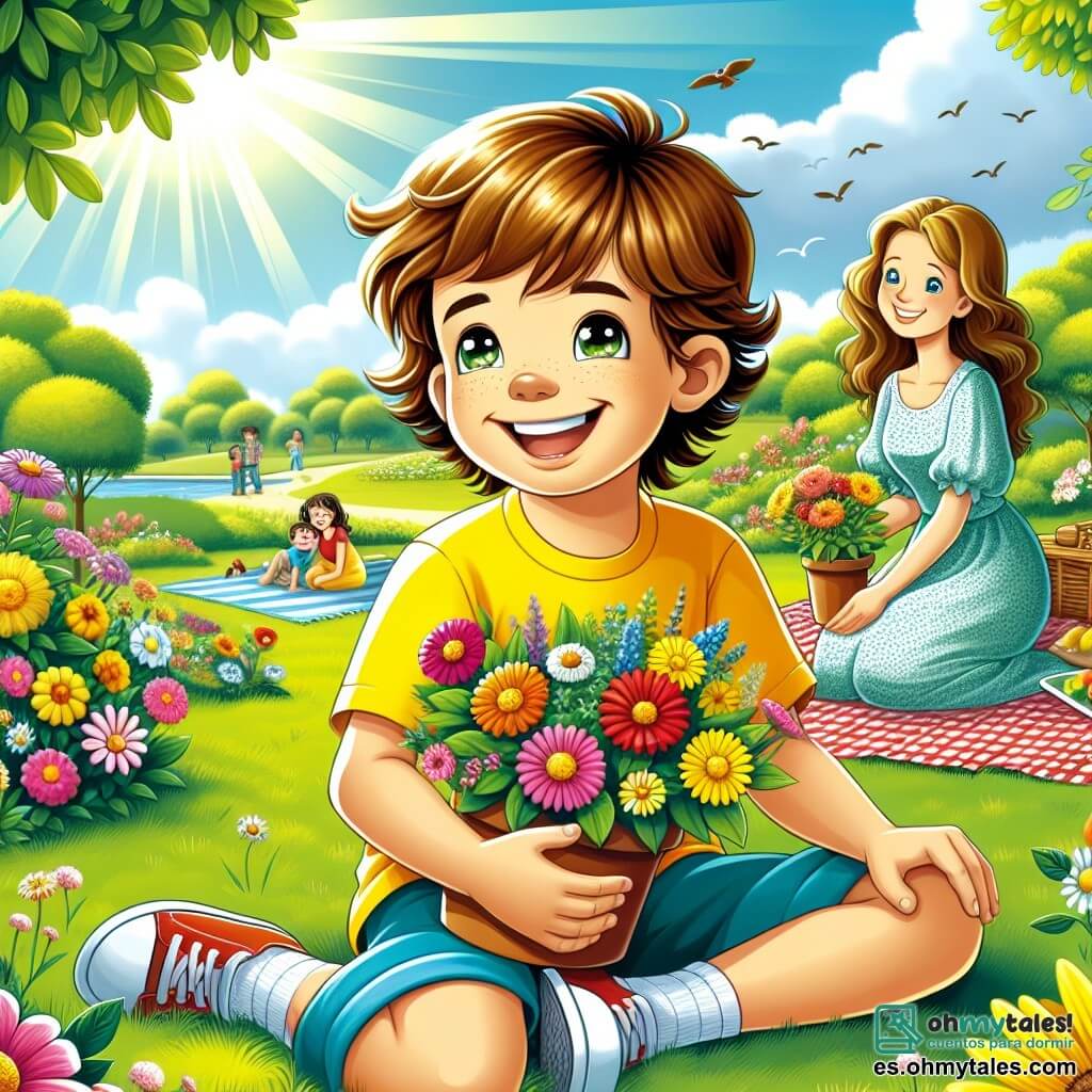Un niño de 7 años, Lucas, con cabello castaño y ojos brillantes, está sentado en la hierba verde de un parque soleado, sonriendo mientras sostiene una pequeña maceta de flores coloridas. Lleva una camiseta amarilla y un short azul, y parece maravillado por la belleza de la naturaleza que lo rodea. A su lado, su mamá, una mujer de unos treinta años con cabello largo y castaño, sonríe al mirar a su hijo mientras prepara un picnic sobre un mantel a cuadros rojos. Ella viste un vestido ligero y colorido, añadiendo alegría a la escena. Al fondo, el parque está lleno de flores brillantes, árboles frondosos y familias divirtiéndose, mientras los pájaros vuelan en un cielo azul claro. La situación principal muestra a Lucas, rodeado de la belleza primaveral, listo para compartir su felicidad y descubrimientos sobre las flores con su mamá, en un ambiente alegre y cálido.