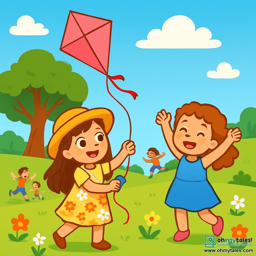 A 6-year-old girl named Lily, with long brown hair and sparkling eyes, is flying a large pink kite in a sunny park. She wears a light floral dress and a straw hat, smiling in wonder. Next to her, another 6-year-old girl, Emma, with curly hair and a blue dress, encourages her by raising her arms enthusiastically. In the background, a majestic oak tree provides shade, while other children play and laugh around them. The sky is bright blue with a few white clouds, and the ground is covered with colorful flowers. The scene exudes happiness and friendship, capturing the magic of a perfect summer day.