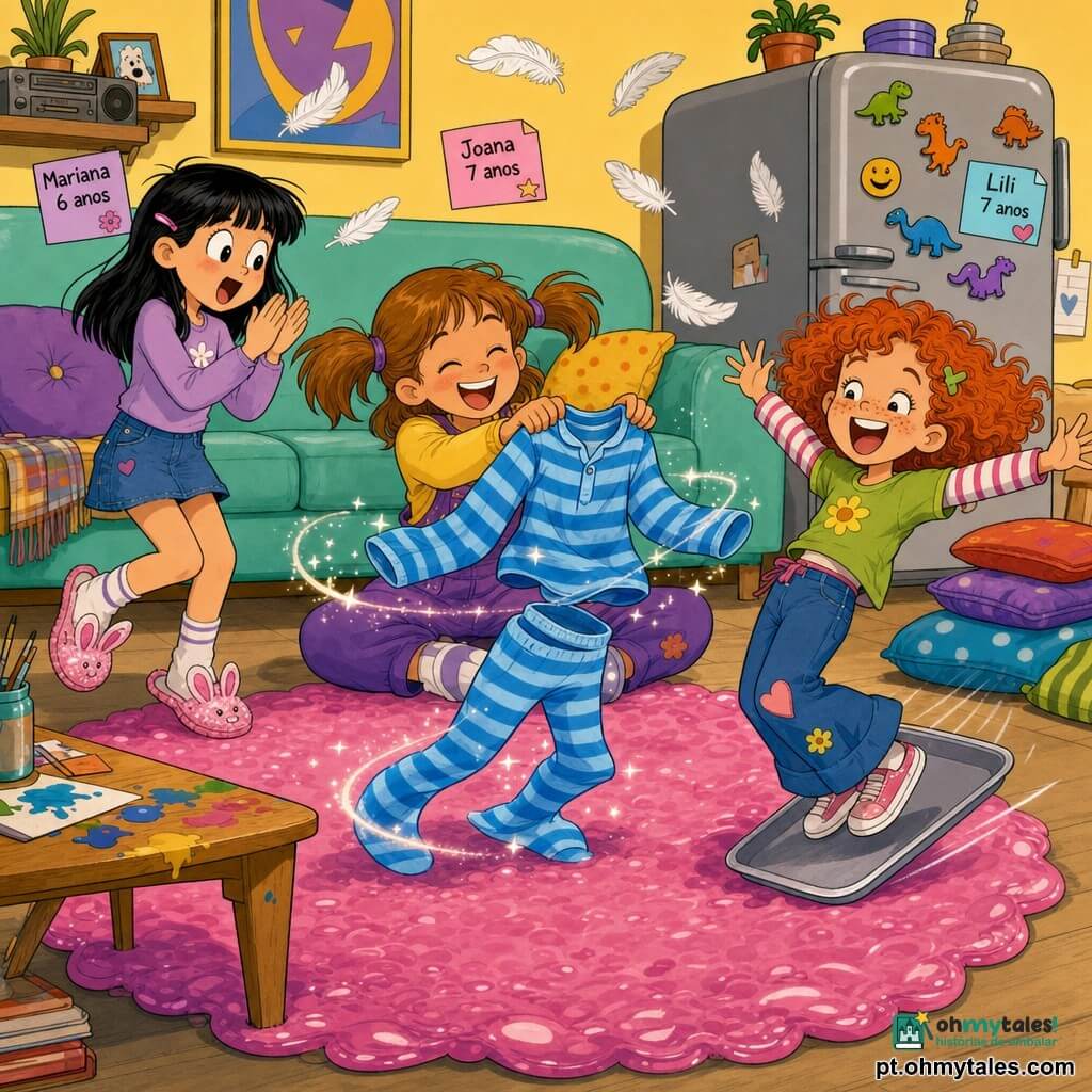 Três meninas: Joana, ~7 anos, cabelo castanho claro em rabo de cavalo, sentada no chão no centro tentando vestir um pijama azul às riscas que dança sozinho; Mariana, ~6 anos, cabelo preto liso com franja, à esquerda em ponta de pés com pantufas de coelho brilhantes a aplaudir espantada; Lili, ~7 anos, cabelo ruivo encaracolado com sardas, à direita a deslizar num tabuleiro de cozinha transformado em prancha, braços abertos a rir; cenário: sala acolhedora e colorida com tapete rosa, sofá verde menta, mesa baixa de madeira, frigorífico cinzento com ímanes de dinossauros e almofadas coloridas; situação: o pijama riscado parece vivo e dança no meio da sala, deixando um rasto cintilante, e as meninas reagem com maravilha e humor numa atmosfera luminosa e movimentada.