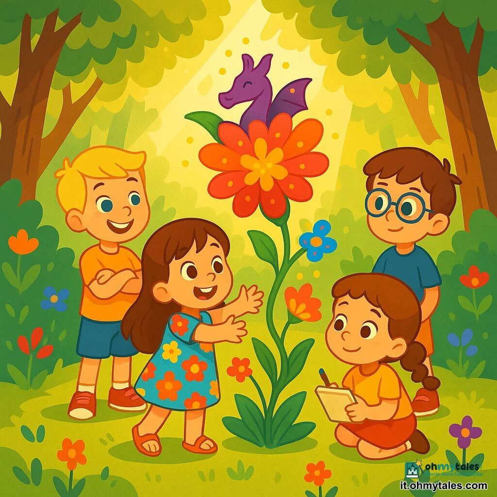 Una bambina di 4 anni, Sofia, con lunghi capelli castani e occhi pieni di curiosità, sorride meravigliata mentre si trova davanti a una magnifica pianta magica dai fiori brillanti, il Dragofiore. Indossa un vestito colorato a fiori e sandali, con le mani tese verso la pianta, piena di entusiasmo. Accanto a lei, il suo amico Luca, un ragazzo di 5 anni con capelli biondi e occhi azzurri, guarda la pianta con ammirazione, le braccia incrociate e un grande sorriso sul volto. Martina, una bambina di 4 anni con capelli ricci e una piccola treccia, si accovaccia vicino a Sofia, tenendo un piccolo taccuino da disegno, pronta a ritrarre la scena magica. Giovanni, un ragazzo di 5 anni con occhiali e capelli castani, è un po' indietro, osservando con un'espressione pensierosa, le mani nelle tasche dei suoi pantaloni corti. La scena si svolge in una radiosa radura nel cuore della foresta, circondata da alberi maestosi con foglie verdi brillanti e fiori colorati che danzano dolcemente al vento. I raggi di sole filtrano attraverso i rami, illuminando la scena con una luce dorata. Sofia e i suoi amici sono incantati dalla bellezza del Dragofiore, pronti a esprimere un desiderio magico, pieni di eccitazione e attesa.