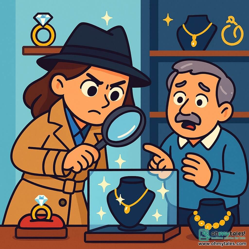 A female detective named Charlotte stands in a jewelry store, with a determined and curious look on her face. She wears a beige trench coat, an elegant black hat, and holds a magnifying glass in her right hand, carefully examining a jewelry display. Next to her, a middle-aged man, the store owner, has graying hair and an anxious expression, with trembling hands as he points to where the necklace was stolen. The store is filled with beautiful sparkling jewelry, with pastel blue walls and dark wooden shelves, creating a warm yet tense atmosphere. The main situation shows Charlotte investigating the theft of a valuable necklace, scrutinizing every detail with her magnifying glass while the worried owner watches hopefully.