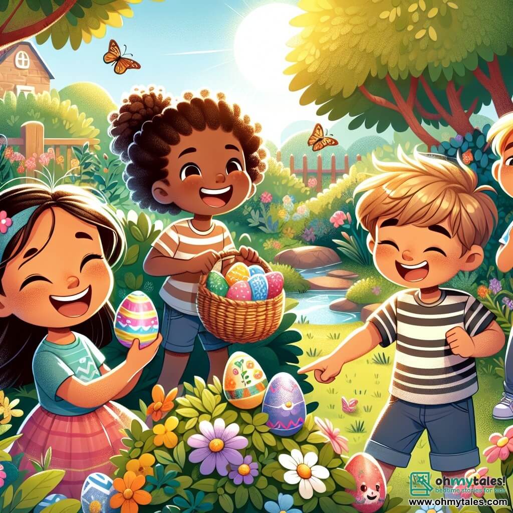 In a sunny garden, four children are gathered for an Easter egg hunt. Lily, a seven-year-old girl with brown hair in a ponytail and a big smile, holds a small wicker basket filled with colorful eggs at the center of the image, full of energy and enthusiasm. Max, a seven-year-old boy with messy blonde hair and glasses, is to her right, pointing at a bush with excited eyes. Emma, a seven-year-old girl with red hair in braids, is to Lily's left, laughing while holding a decorated egg in her hand. Sam, a seven-year-old boy with brown hair and a striped t-shirt, is slightly behind, watching a butterfly flutter near a flower. The garden is a true spring paradise, filled with colorful flowers, lush green trees, and a small pond sparkling in the sun. Birds are singing in the branches, and butterflies are dancing around the children. The scene captures the children in action, searching for hidden eggs in the bushes and under the flowers, with bursts of laughter and joy, embodying the magical and festive spirit of Easter.