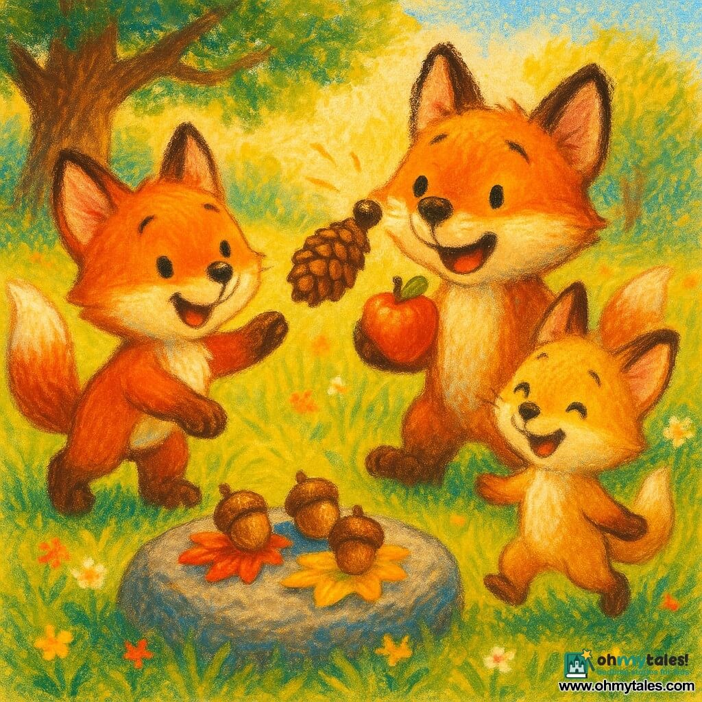 A lively little red fox with a white belly and bushy tail, smiling with sparkling eyes, rolls a pine cone; his slightly larger brother, holding an apple, laughs in surprise as the cone taps his nose; their smaller, lighter-furred sister spins and giggles beside a flat stone used as a board, where three shiny acorns sit on red, yellow, and blue leaves; they play their homemade game in a sunny clearing under a large green oak with soft grass, wildflowers, and warm sunbeams.