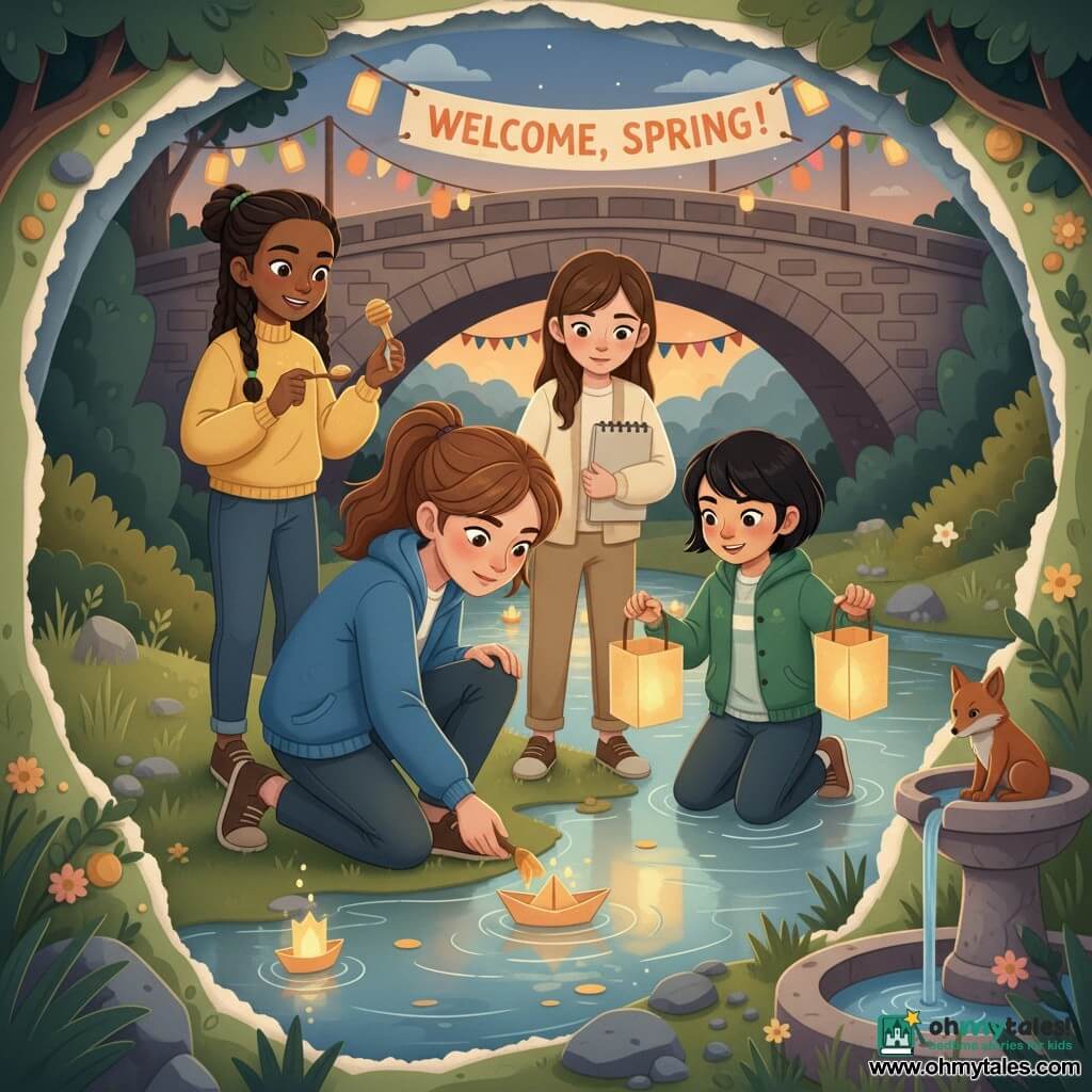 Four 12-year-old girls—Lena (chestnut ponytail, blue jacket) kneeling at center by a twilight river placing a small paper lantern boat on the water with a focused look; Amira (olive skin, braids with green threads, yellow sweater) to Lena's left standing and smiling holding a spoon of honey watching the lanterns; Sora (Asian, short hair, green jacket) to Lena's right slightly forward holding a lit paper lantern and excitedly looking at the water; Chloe (smooth brown hair, cream outfit) just behind Lena with a sketchbook under her arm observing and mentally drawing—grassy, stony riverbank at dusk with calm water reflecting golden lights, an old stone bridge, strings of lanterns and a distant "WELCOME, SPRING!" banner, a stone fountain with a small carved fox in the foreground; the girls set afloat warm glowing paper-boat lanterns in a celebratory, repaired-feeling atmosphere rendered like layered torn-paper collage with visible torn edges, paper textures, saturated contrasted colors, soft shadows and crisp silhouettes.
