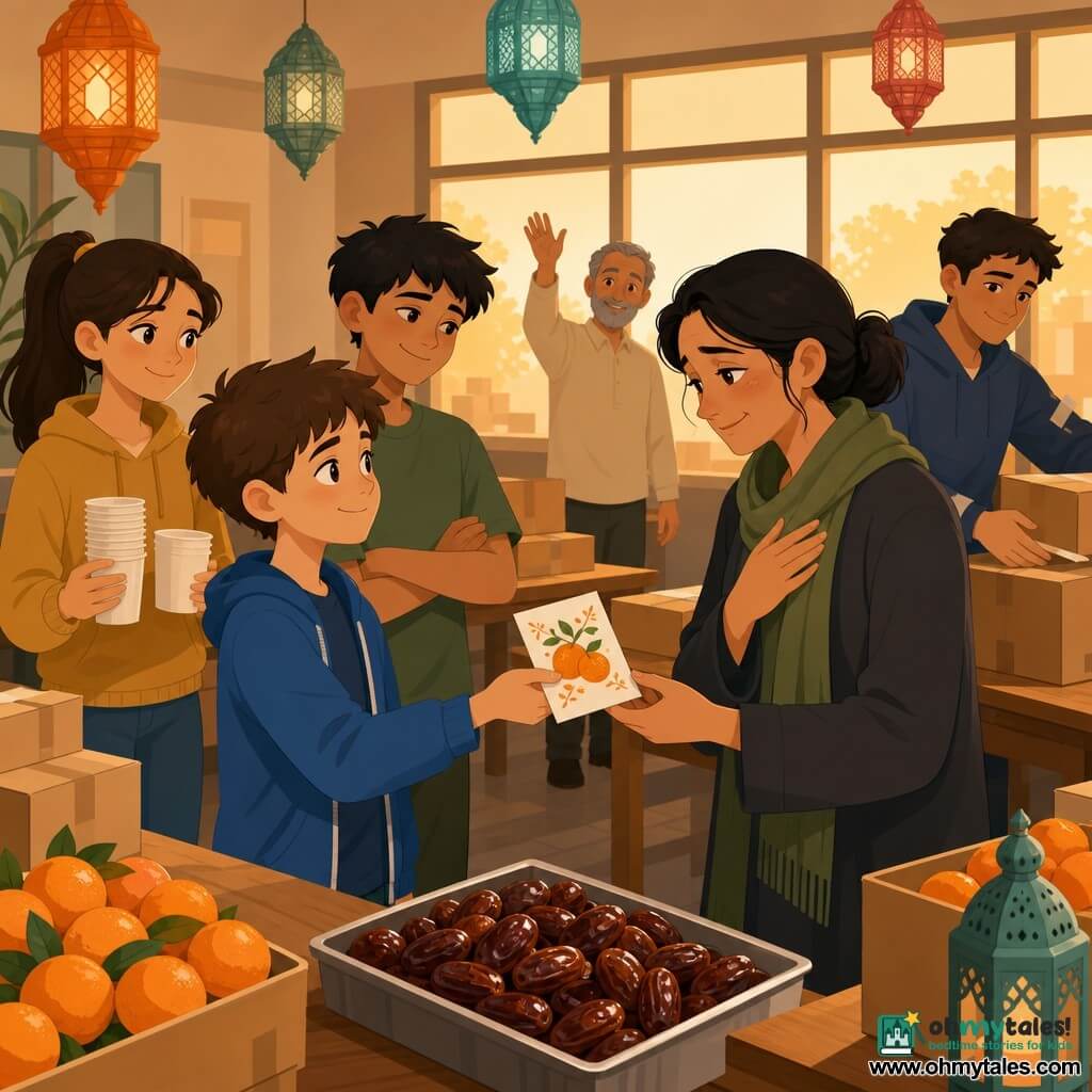 A tender scene in a community center: 12-year-old Theo, short brown hair and shy smile, offers a small card decorated with oranges to Nadia, a tired but gentle ~35-year-old woman in a green scarf who receives it with a hand to her chest and a grateful smile; behind Theo stands 13-year-old Sami in a green T-shirt, smiling conspiratorially; 16-year-old volunteer Leila with her hair tied holds cups at a table to the left, warmly watching; older man Farid (~60) with a short grey beard waves near a window; 22-year-old Amir, his sleeve taped, quietly laughs while helping stack boxes; the interior shows large wooden tables, piles of cardboard boxes, trays of shiny dates and colorful oranges, paper lanterns hanging from the ceiling and warm orange light from the windows.