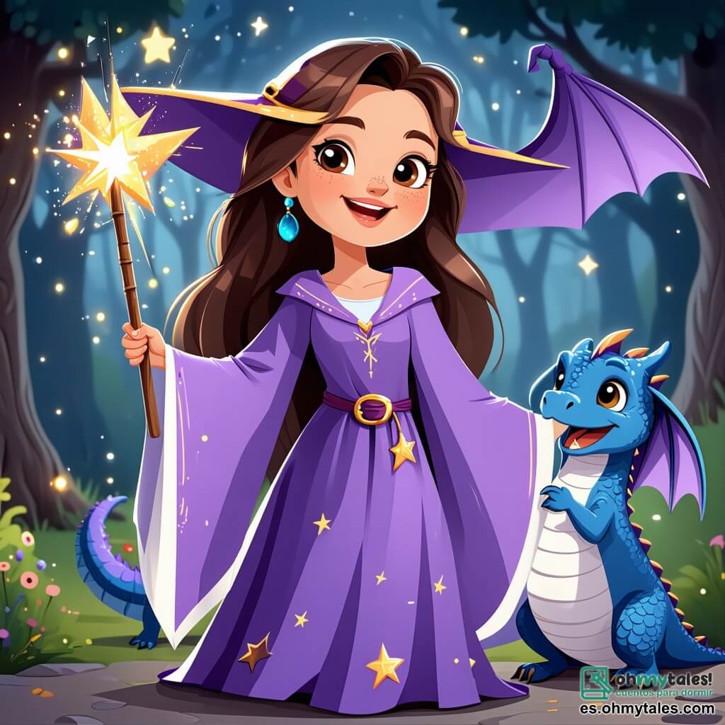Valentina, una aprendiz de bruja de ocho años, está en el centro de la imagen, con largos cabellos castaños y ojos llenos de curiosidad. Lleva un vestido violeta decorado con estrellas doradas y sostiene una varita mágica brillante, levantando los brazos con entusiasmo mientras recita un hechizo. Junto a ella, Zippy, un pequeño dragón de escamas azules, agita sus alas con alegría, sus ojos brillantes de emoción, flotando ligeramente sobre el suelo. Al fondo, la reina Nimbus, una mujer mayor con cabello plateado y un largo abrigo que cambia de color, los observa con una sonrisa benevolente, con los brazos cruzados, de pie sobre una nube esponjosa. La escena tiene lugar en la Gran Biblioteca de Nubes, un majestuoso edificio hecho de nubes brillantes, con libros flotantes y rayos de luz dorada filtrándose a través de las nubes. La situación principal muestra a Valentina lanzando un hechizo para unir a todos los seres mágicos presentes, con destellos de magia colorida en el aire, creando un arcoíris brillante que conecta a todos los personajes en una atmósfera de alegría y armonía.