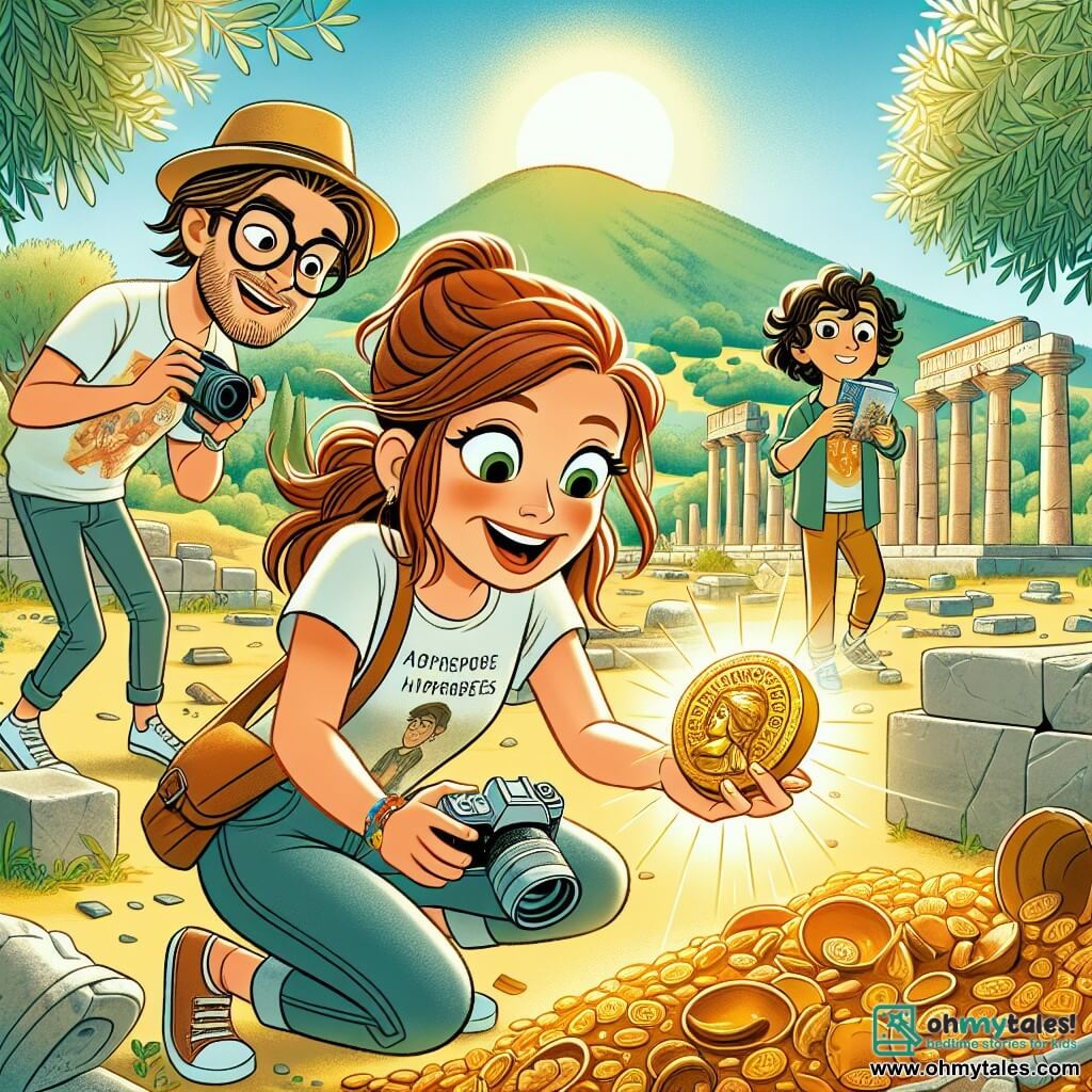 A passionate archaeologist, Sofia, is a woman in her thirties with brown hair tied in a ponytail. She wears a straw hat and a short-sleeved shirt, her face beaming with excitement as she uncovers an ancient gold artifact. Beside her, Leo, a young man around 20 with glasses and a graphic t-shirt, takes photos of the discovery, his face lit up with curiosity. Mia, a 16-year-old with curly hair, browses through a book of ancient inscriptions, focused and fascinated by the symbols she finds. The scene takes place at a sunny archaeological site surrounded by lush olive trees and ancient ruins, with pieces of pottery scattered on the ground. In the background, stone columns and crumbling walls hint at a forgotten civilization. The main focus shows Sofia, awestruck, digging up a sparkling gold jewel while Leo and Mia watch her with admiration, creating an atmosphere of exploration and discovery.
