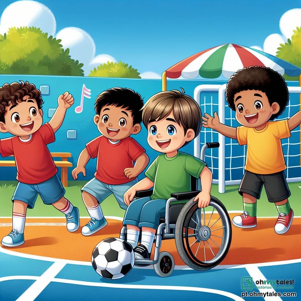 Em um pátio ensolarado da escola, vemos quatro meninos de cerca de 11 anos. Miguel, com cabelo castanho e cacheado, sorri alegremente, vestido com uma camiseta vermelha e um short azul. Ao lado dele, Lucas, com cabelo loiro e curto, está sentado em sua cadeira de rodas, com um grande sorriso no rosto, vestindo uma camiseta amarela e calças pretas. Tiago, com cabelo negro e liso, usa uma camisa de futebol verde e está driblando uma bola com entusiasmo. Por fim, Bruno, com cabelo castanho e cacheado, levanta os braços, incentivando os amigos. A cena ocorre em um campo esportivo colorido, com linhas brancas no chão, cercado por paredes azuis e painéis com desenhos de crianças brincando juntas. Árvores verdes cercam o pátio, e o céu é azul claro, com algumas nuvens brancas. Os meninos jogam futebol com uma regra especial: Lucas usa sua cadeira de rodas para empurrar a bola com as mãos, enquanto seus amigos o incentivam e ajudam a marcar gols. A atmosfera é alegre e cheia de energia, ilustrando o espírito de inclusão e amizade.