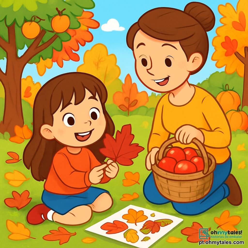 Uma menina de 6 anos, com longos cabelos castanhos e olhos brilhantes de alegria, está sentada na grama verde, cercada por folhas de outono em cores vivas: vermelhas, amarelas e laranjas. Ela sorri, com as bochechas rosadas de excitação, segurando uma grande folha vermelha em suas pequenas mãos. Ao lado dela, sua mãe, uma mulher de cerca de trinta anos com cabelos castanhos presos em um coque, a observa com um sorriso caloroso, segurando uma cesta cheia de maçãs brilhantes. Ao fundo, um jardim encantador é salpicado de árvores com troncos robustos, suas ramas carregadas de frutas e folhas coloridas. Damasco dourado e abóboras laranjas são visíveis, acrescentando um toque de magia ao outono. A menina está criando um colagem artística com folhas e elementos naturais, enquanto sua mãe a encoraja com ternura, compartilhando esse momento alegre de criatividade e descoberta.