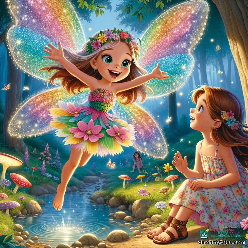 Eine kleine Fee namens Minella mit schimmernden, regenbogenfarbenen Flügeln schwebt fröhlich über einem kleinen Teich. Ihr Gesicht strahlt vor einem leuchtenden Lächeln, und ihre Augen funkeln vor Aufregung. Sie trägt ein Kleid aus zarten Blütenblättern und streckt die Hand zu einem Mädchen aus. Lene, ein zehnjähriges Mädchen mit braunen Haaren und Sommersprossen, sitzt am Teichrand. Sie schaut die Fee mit Staunen an, ihre Augen glänzen vor Neugier. Sie trägt ein blumiges Sommerkleid und Leder-Sandalen, ihre Füße sind barfuß im weichen Gras. Der Ort ist eine magische Ecke des Flüsterwalds, wo die Bäume hoch und majestätisch sind, ihre Blätter im Sonnenlicht wie Smaragde glänzen. Bunte Blumen und leuchtende Pilze bedecken den Boden, während ein leichter, funkelnder Nebel um sie herum schwebt und eine märchenhafte Atmosphäre schafft. Die Hauptsituation zeigt, wie Minella Lene erklärt, dass sie ihre Hilfe braucht, um den kostbaren Kristall des verzauberten Gartens zu finden, der irgendwo im Wald verloren gegangen ist. Die beiden Figuren sind umgeben von der magischen Schönheit der Natur, bereit, gemeinsam ihr Abenteuer zu beginnen.