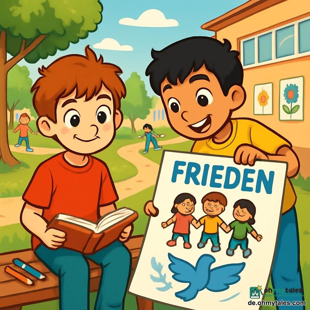 Ein 10-jähriger Junge namens Elias, mit zerzausten braunen Haaren und neugierigen, glänzenden Augen, sitzt auf einer Holzbank in einem Schulhof. Er hat ein warmes Lächeln und einen entschlossenen Blick, während er ein offenes Buch auf seinen Knien hält, umgeben von Buntstiften. Neben ihm beugt sich Amir, ein 10-jähriger Junge mit schwarzen Haaren und funkelnden Augen, über ein großes Poster, das sie zusammen erstellt haben. Amir lächelt freudig und zeigt mit dem Finger auf eine Zeichnung von Kindern, die sich an den Händen halten. Die Szene spielt sich in einem sonnigen Schulhof ab, mit grünen Bäumen im Hintergrund und bunten Zeichnungen an den Wänden. Kinder spielen in der Ferne und tragen zur fröhlichen und freundlichen Atmosphäre bei. Elias und Amir arbeiten gemeinsam an ihrem Friedensprojekt, tauschen Ideen aus und lachen, was die Bedeutung von Freundschaft und Zusammenarbeit in einer ruhigen und einladenden Umgebung verdeutlicht.