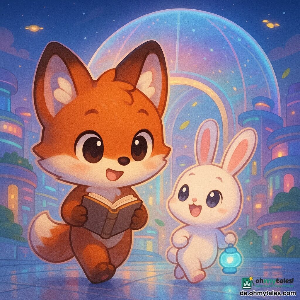 Ein anthropomorpher chibi-Fuchs mit glänzendem rotbraunem Fell und weißen Strähnen, großen weichen Ohren und rund leuchtenden Augen, neugierig und erstaunt, hält ein kleines offenes Buch und geht langsam; daneben ein weißer chibi-Hase mit langen rosa Ohren, verschmitztem Lächeln und funkelnden Augen, blickt zum hellen Himmel und hält eine kleine holographische Lampe; die futuristische Stadt zeigt spiegelnde Glasstraßen, abgerundete bunte Gebäude mit pastellnenons, transparente schwebende Brücken, hängende Gärten und kleine Leuchtdrohnen im Dämmerungshimmel; die Szene steht vor einer großen schimmernden Klimakuppel aus irisierendem Glas, offenem Eingang und leichtem Wind, der Blätter aufwirbelt; Stimmung: magisch und wohltuend, sanfte Pastelllichter, klare Kontraste, glatte glänzende Texturen, Komposition zentriert auf die beiden Figuren, die zusammen in die erleuchtete Stadt gehen.