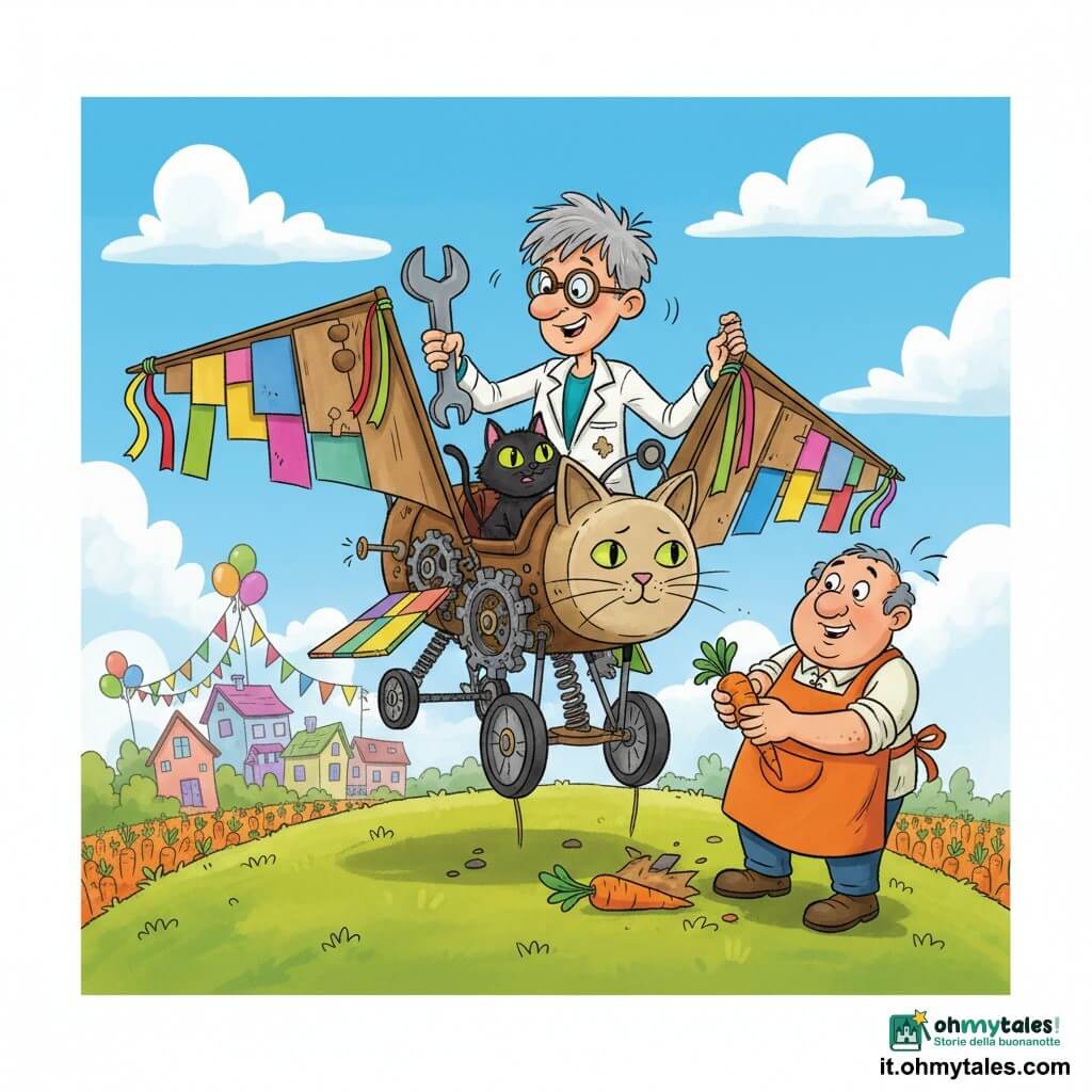 Bartolomeo, inventore gioioso e concentrato con capelli grigi scompigliati, occhiali rotondi e spessi e camice macchiata d'olio, stringe una grossa chiave inglese per aggiustare le ali colorate del Gattovolante su una collina erbosa; Don Matteo, uomo di circa 50 anni dal viso rotondo e bonario con grembiule arancione, è accanto a lui, sorpreso e sorridente mentre raccoglie carote schiacciate; il gatto nero Gigi, piccolo e birichino dagli occhi verdi, siede nel sedile del Gattovolante agitandosi nervoso ma eccitato; sullo sfondo il villaggio Fantasilandia con case colorate, bandierine e palloncini, cielo azzurro con nuvole soffici e un campo di carote in basso; situazione: preparativi per un volo bizzarro: il Gattovolante con ali di cartone e motore a molla è pronto al decollo, colori vivaci, dettagli meccanici visibili (ingranaggi, molle, nastri), atmosfera comica e avventurosa.