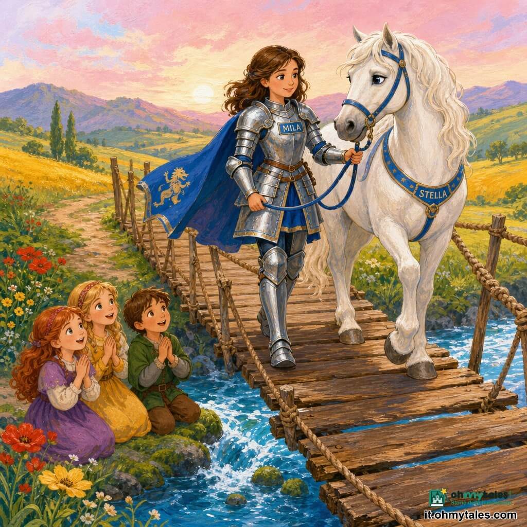 Una cavallerizza, Mila, volto dolce e sguardo concentrato, armatura argentata con accenti blu e mantello corto che svolazza, tiene le redini e tocca la fune mentre attraversa un ponte di corda; un grande cavallo bianco, Stella, con criniera setosa la precede cautamente; tre bambini del villaggio (due bambine di 6 e 8 anni e un bambino di 7) accovacciati sulla riva sinistra la osservano sorridenti; ponte di assi e corde sopra un ruscello azzurro con sassi muschiosi; sullo sfondo campi dorati e colline all'alba rosa, atmosfera di pazienza e coraggio, contrasti di colori e texture.